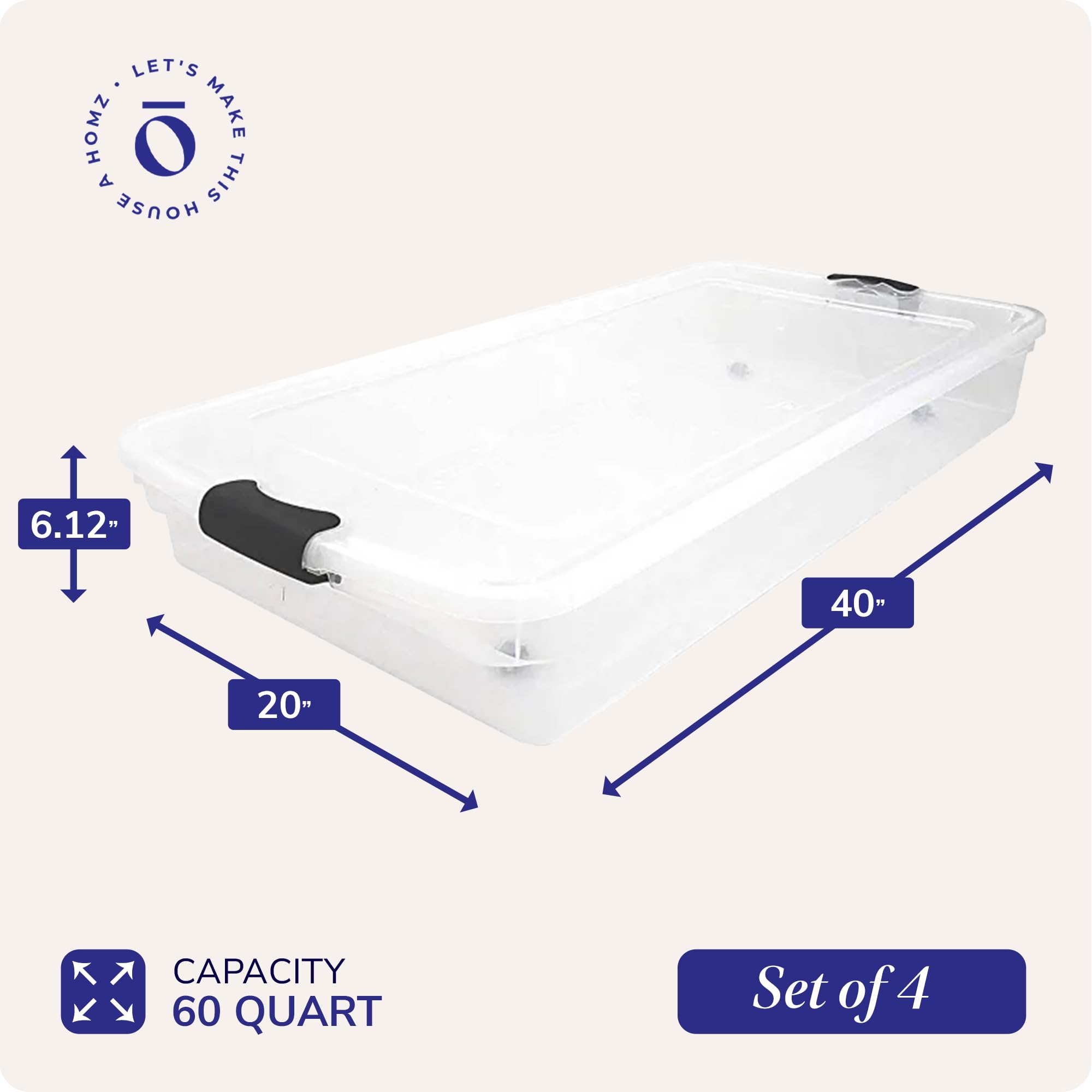 HOMZ 4-Pack Clear Plastic Under Bed Storage Containers with Lids - 60 Quart Gray Latch Organizer for Clothes, Shoes & Seasonal Items - Perfect for Bedroom, Closet & Small Space Organization