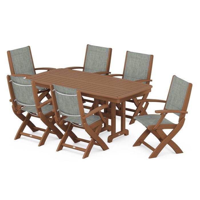 POLYWOOD Coastal Folding Arm Chair 7-Piece Outdoor Dining Set - Perfect for Patio, Deck, Poolside & Beachfront Entertaining