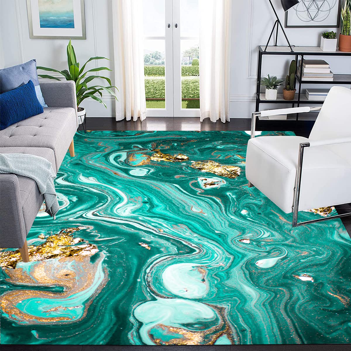 Dark Blue Gold Liquid Abstract Washable Area Rug 5x7 ft - Soft Non-Shedding Modern Carpet for Living Room, Bedroom, Dining Room | Indoor Outdoor Non-Slip Floor Mat | Perfect for Home Decor, Office Spaces & High Traffic Areas