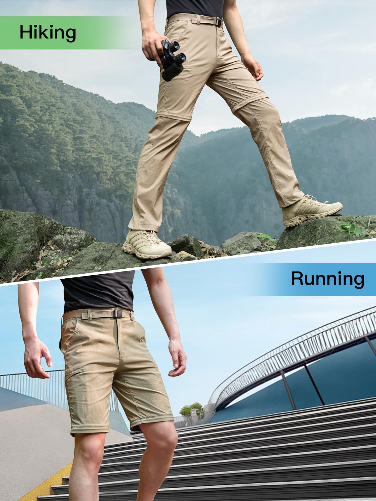 FREE SOLDIER Men's Outdoor Convertible Hiking Pants with Belt - Lightweight Quick Dry Tactical Cargo Pants for Hiking, Camping & Travel - Nylon Spandex Stretchable Outdoor Adventure Pants