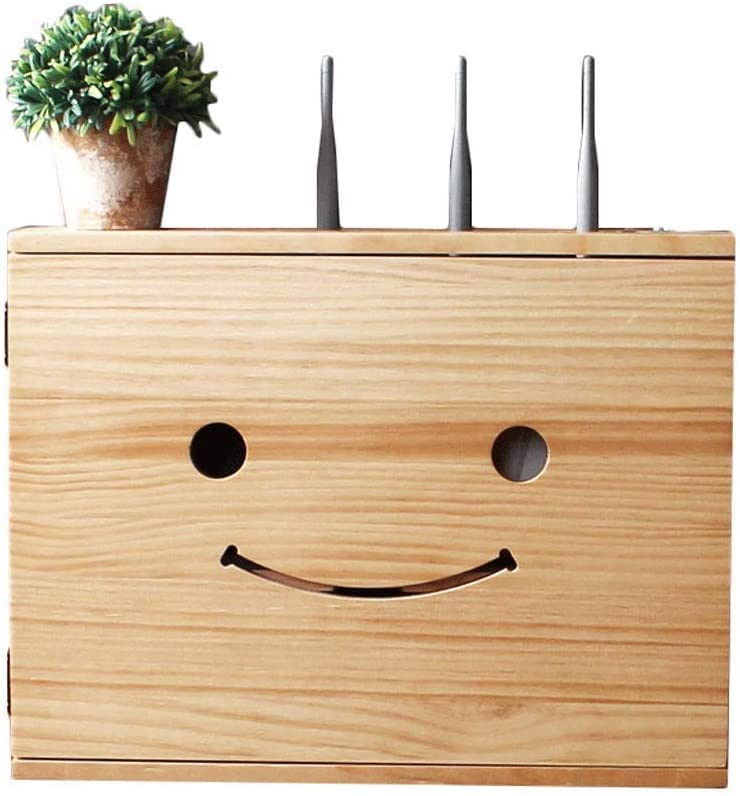 Solid Wood Wall-Mounted Wireless WiFi Router Storage Box - Decorative Organizer for Router, Set-Top Box & Multimedia Devices - WiFi Signal Blocking Design with Cute Smiley Face - Perfect for Home, Office & Weak Current System Organization