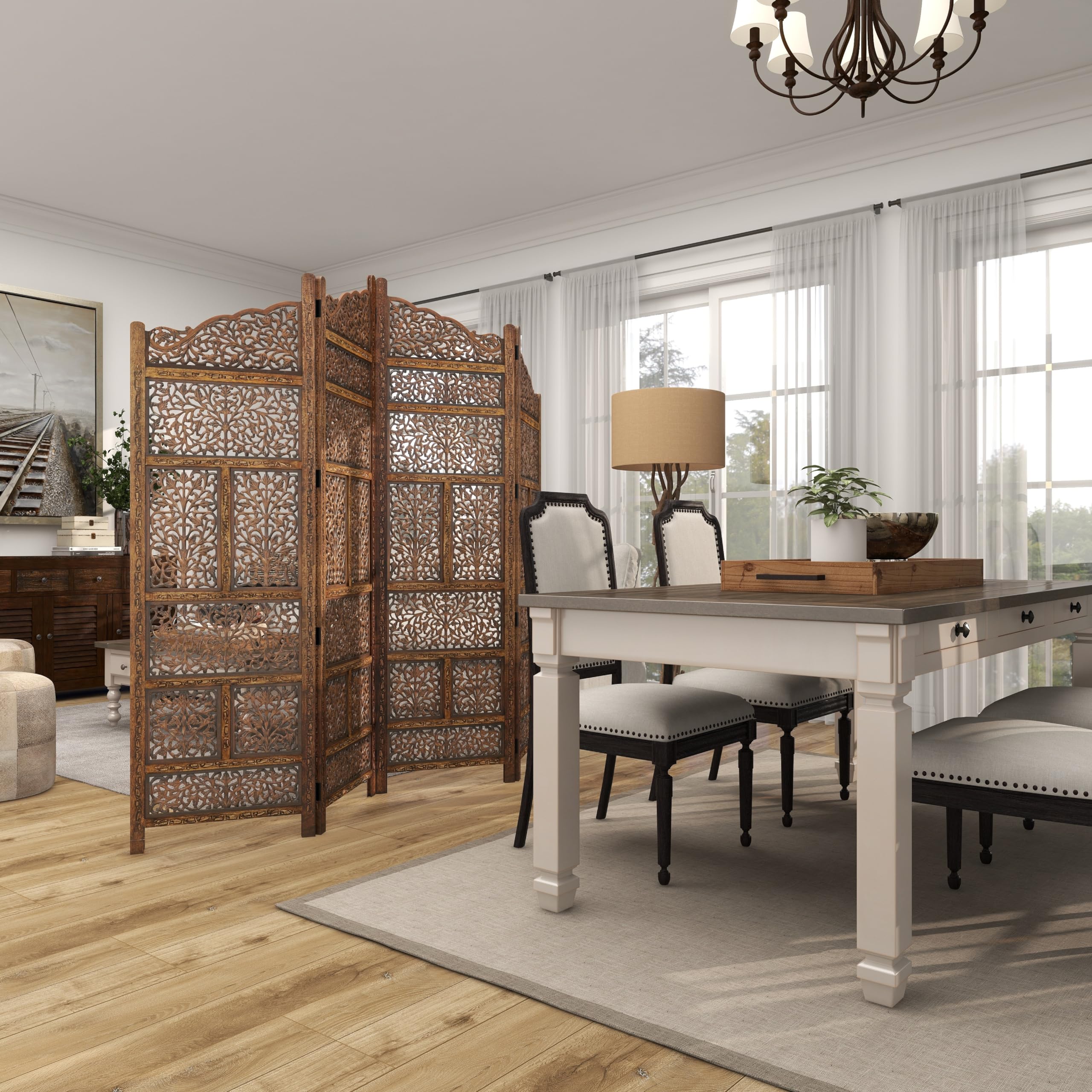Deco 79 34006 Large 4-Panel Brown Wood Room Divider Screen - 80