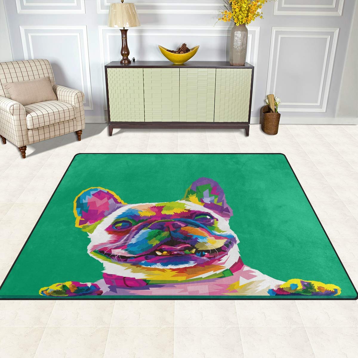 ALAZA Cartoon French Bulldog Green Area Rug 7' x 5' - Soft Non-Slip Living Room Rug, Bedroom Carpet for Kids Nursery, Playroom & Pet-Friendly Home Decor