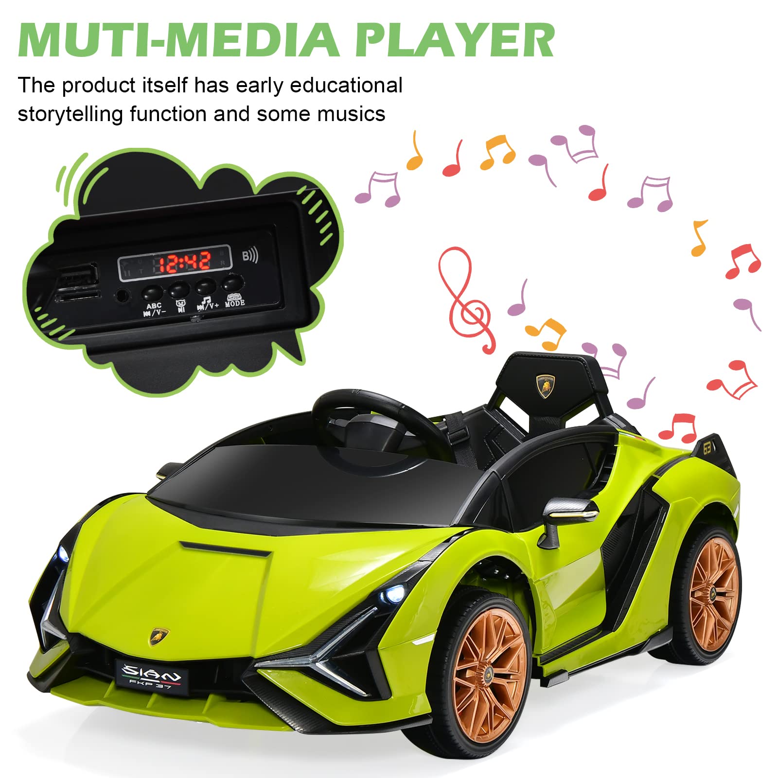 INFANS 12V Licensed Lamborghini Sian Kids Electric Ride-On Car with Parent Remote Control - Spring Suspension, MP3 Player & Carbon Fiber Texture - Green Toddler Toy Roadster for Indoor/Outdoor Play & Birthday Gifts