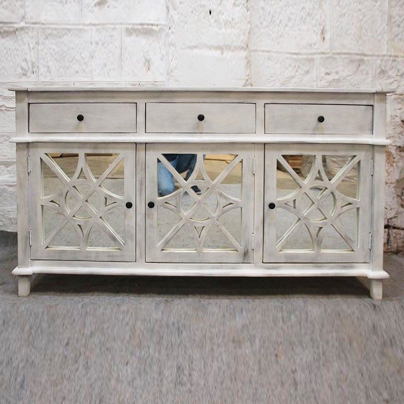 French Arched Glass Door Buffet Sideboard - Whitewashed Finish 63