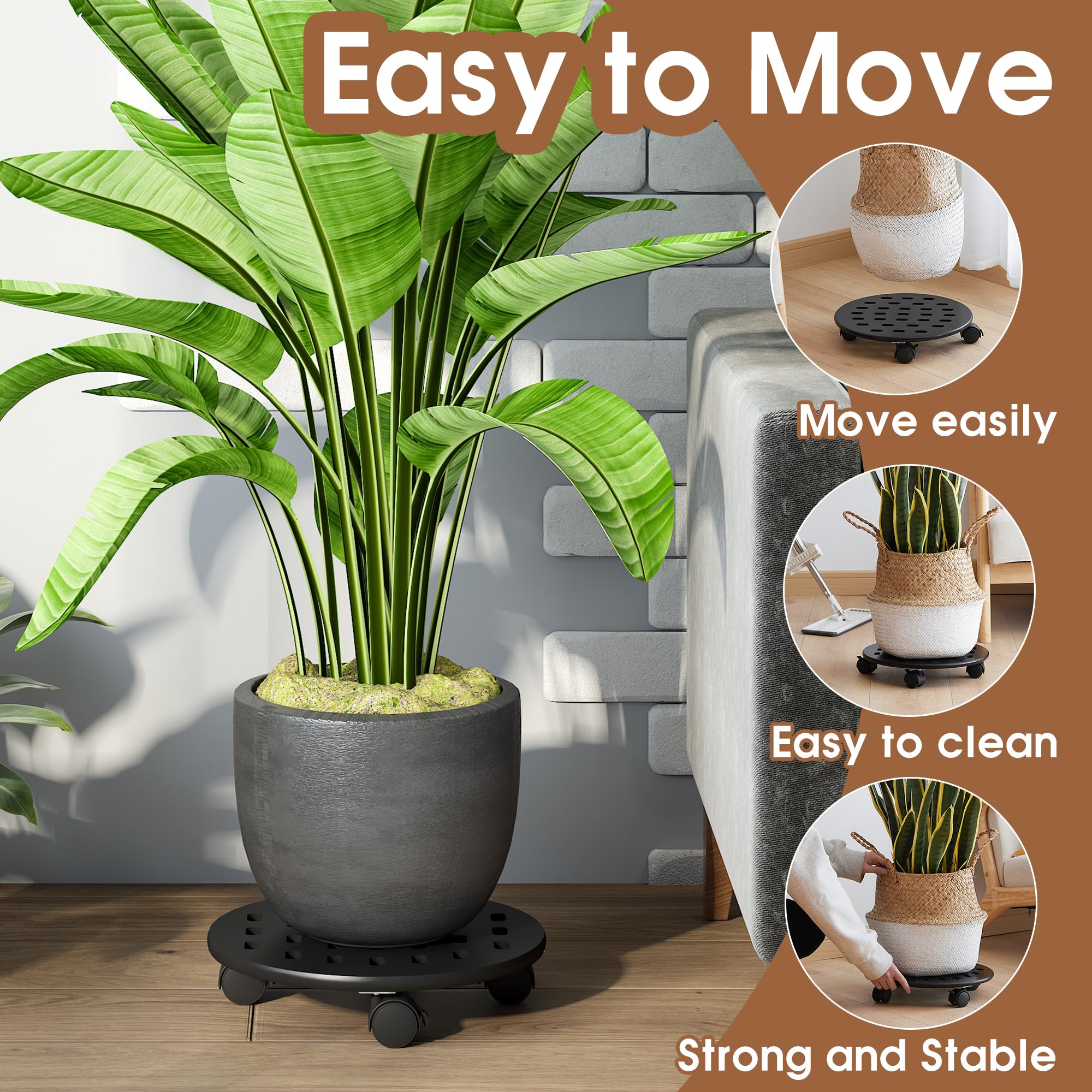 FILWH 13 Inch Bamboo Plant Stand with 360° Lockable Wheels - 2 Pack Indoor/Outdoor Plant Caddy, Corner Display Shelf for Home Decor, Garden, Office, Balcony (Black)
