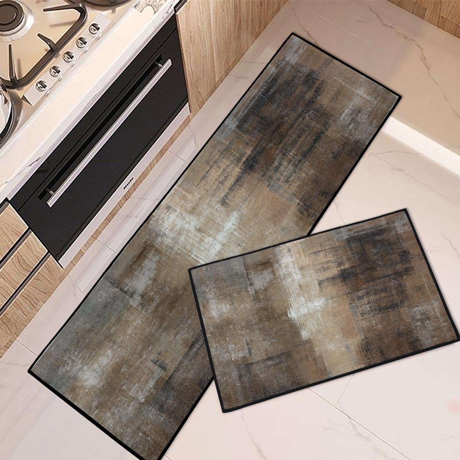 Non-Slip Washable Brown Kitchen Rugs Set of 2 - Modern Abstract Floor Mats with Vintage Painting Design, Anti-Skid Kitchen Runner Rugs for Dining Room & Home Decor - Perfect for High-Traffic Areas & Spill-Prone Spaces