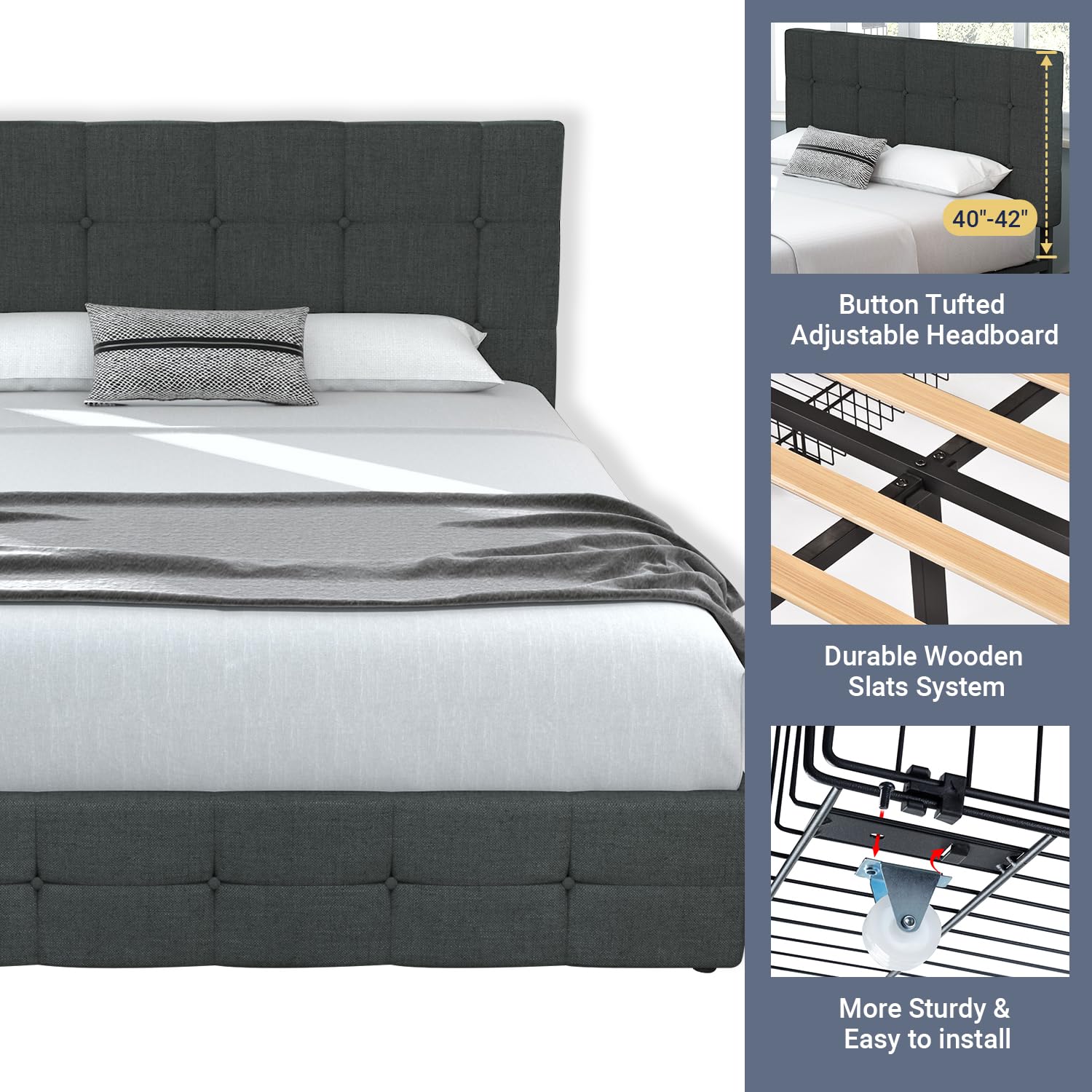 Allewie Full Size Upholstered Platform Bed Frame with 4 Storage Drawers & Headboard - Square Stitched Button Tufted Design, Wooden Slat Support (No Box Spring Needed) - Dark Grey - Perfect for Small Bedrooms, Guest Rooms & Space-Saving Storage Solutions