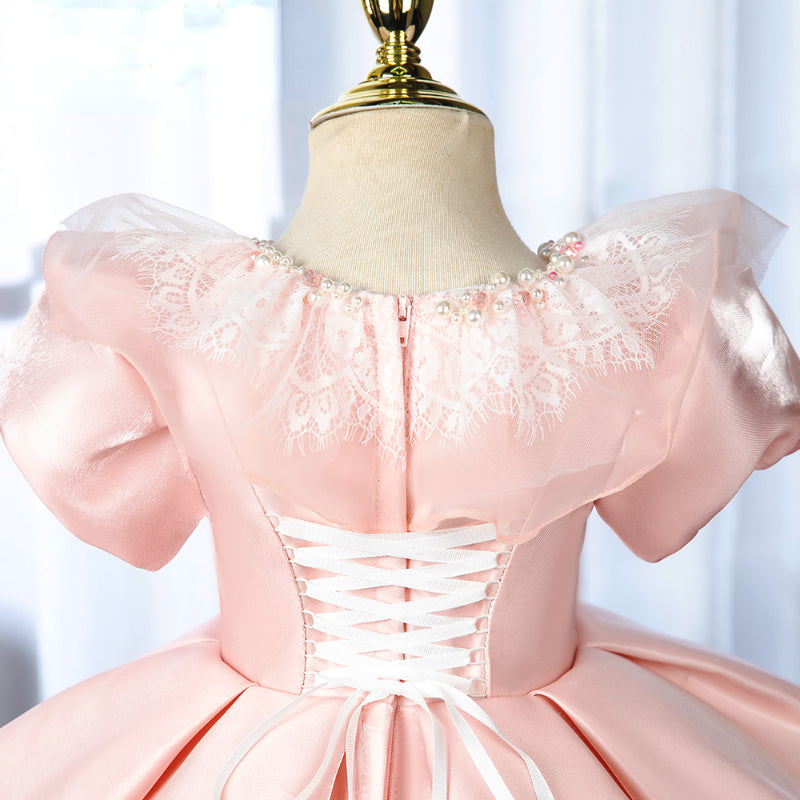Elegant Pink Puff Sleeve Princess Dress for Baby Girls - First Communion Dress for Toddlers - Perfect for Church Ceremonies, Baptisms, and Special Occasions