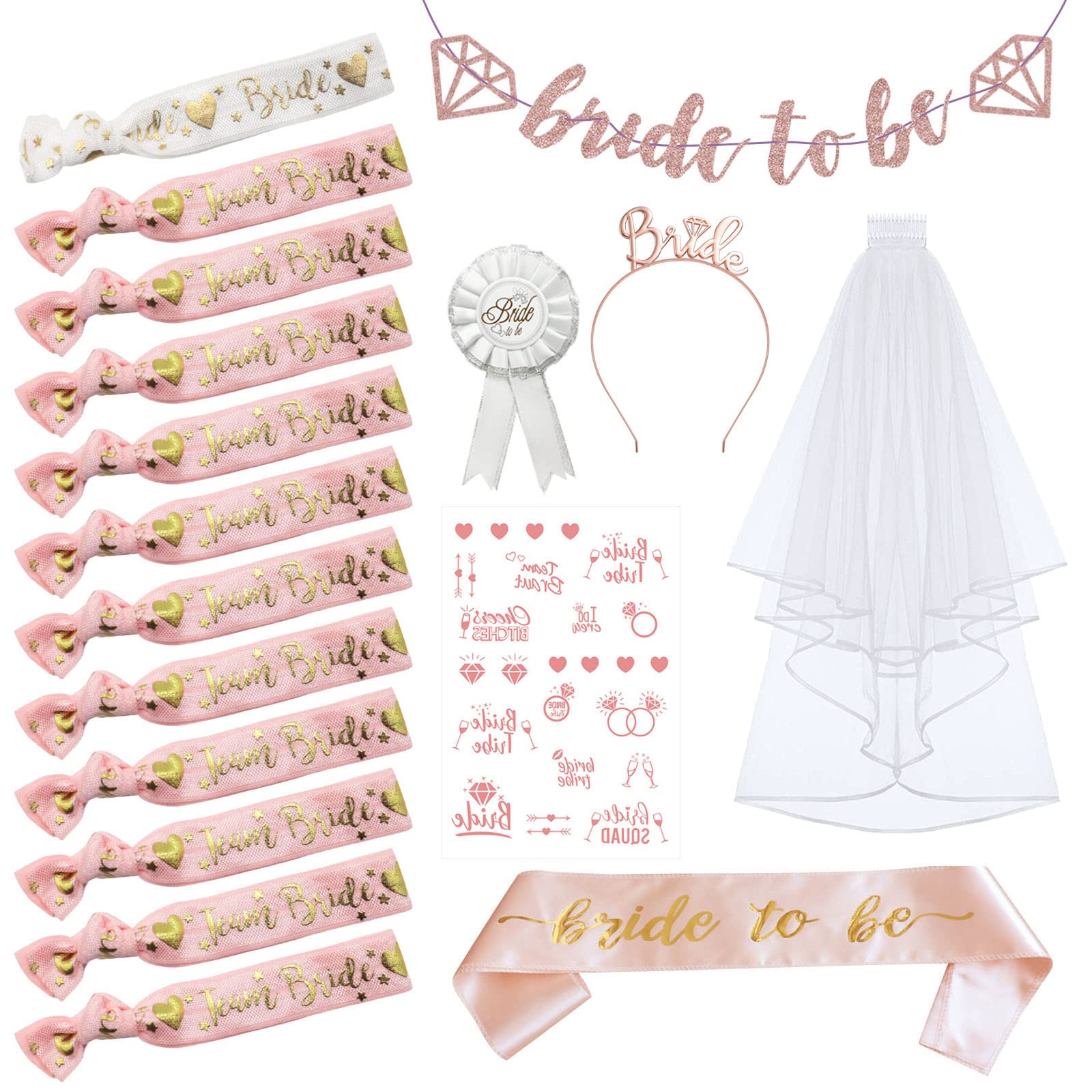 ZOCONE 18-Piece Bride to Be Sash & Veil Set - Bachelorette Party Accessories Kit with Tiara, Headband & Bridal Veil for Wedding Shower, Hen Night & Last Fling Before the Ring