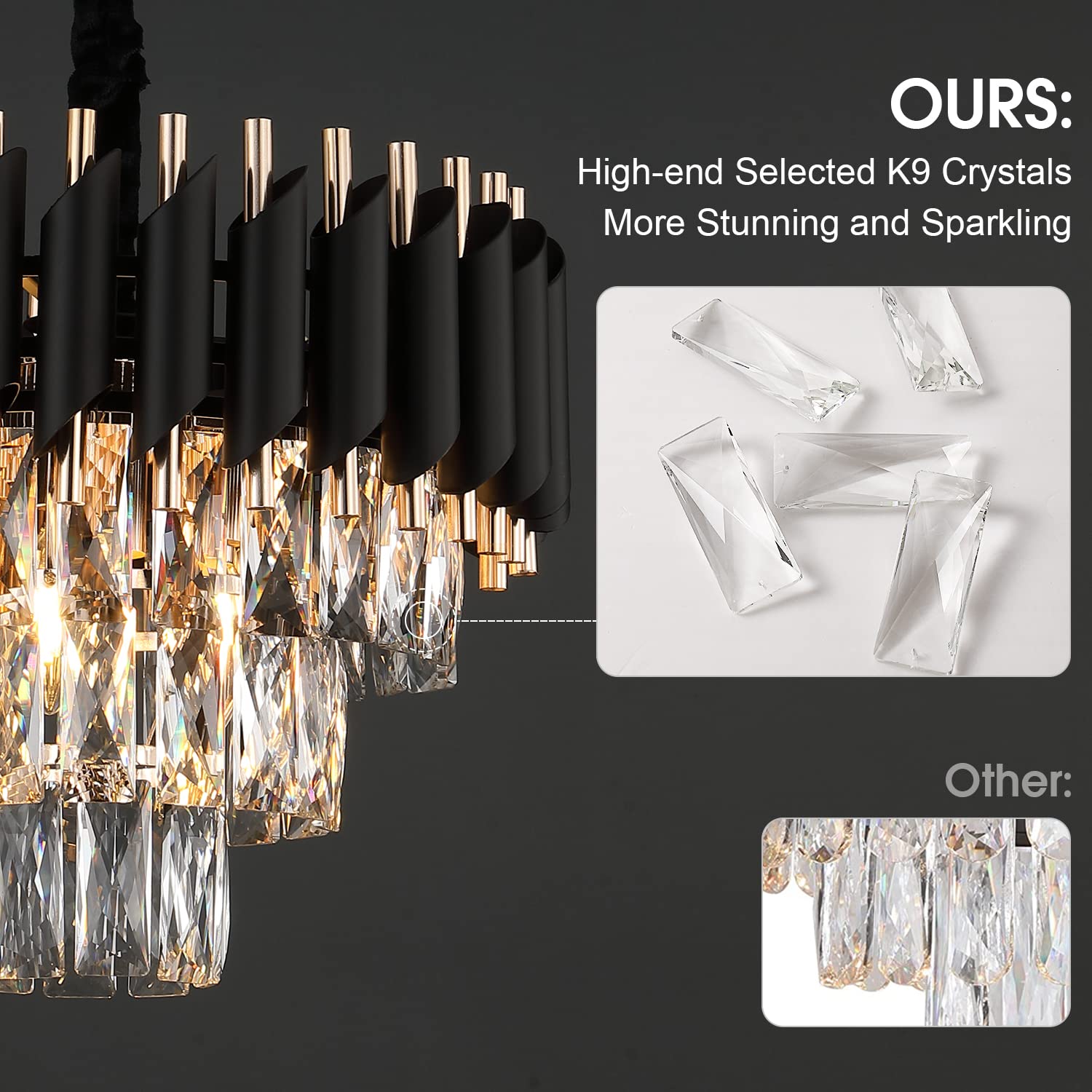 Modern Crystal Chandeliers 3-Tier Black and Gold Pendant Light Fixtures - 16