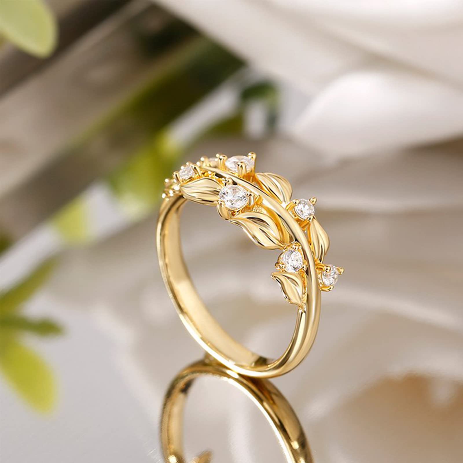Jeulia Sterling Silver Olive Branch Band Ring for Women - Round Cut Leaf Promise Ring, Gold Tone Diamond Nature Wedding Band, Anniversary & Engagement Jewelry with Gift Box - Perfect for Romantic Gifts & Special Occasions