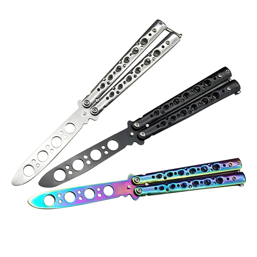 3 Pack Butterfly Knife Trainer Set with Spanner - Unsharpened Steel Flipping Practice Knife for Beginners & Enthusiasts - Perfect for Skill Training, Stress Relief & EDC Collection (No Offensive Blade)