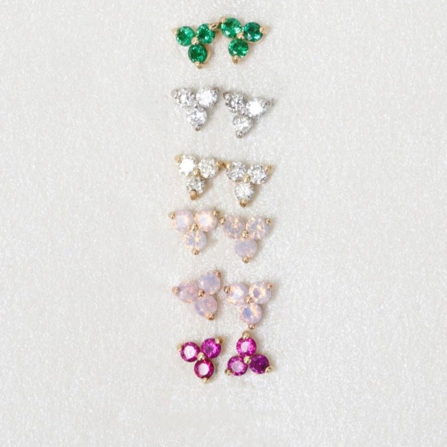14K Rose Gold Pink Opal Trinity Cluster Stud Earrings - Flat Back for Sensitive Ears | Perfect for Everyday Wear, Gift Giving & Special Occasions