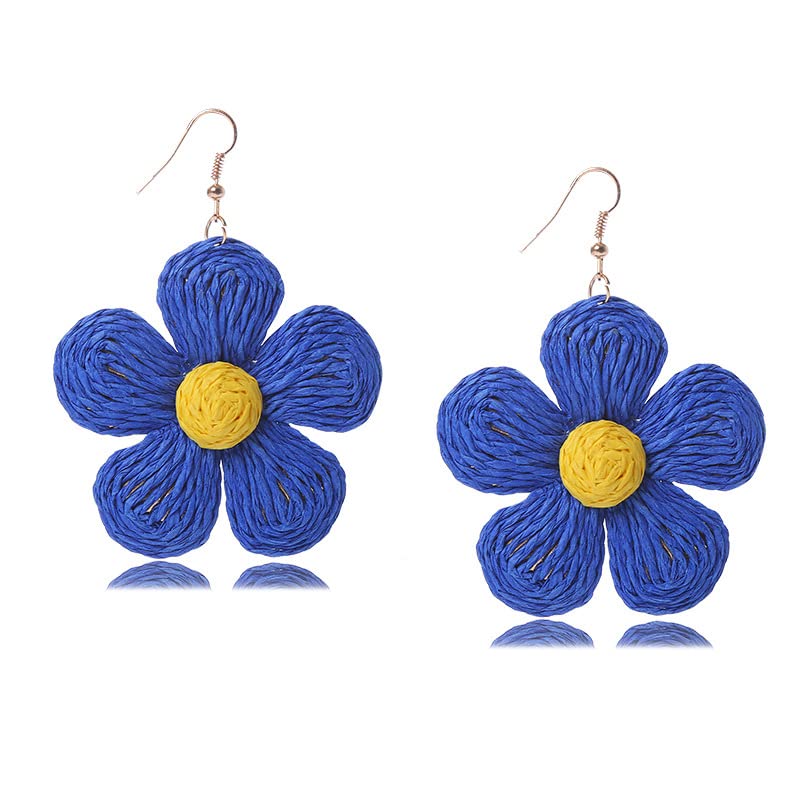 Boho Rattan Earrings for Women - Handmade Raffia Straw Wrapped Flower Drop Dangle Earrings with Colorful Daisy Design | Summer Beach Holiday Jewelry for Casual Wear, Vacation Accessories, and Festival Outfits
