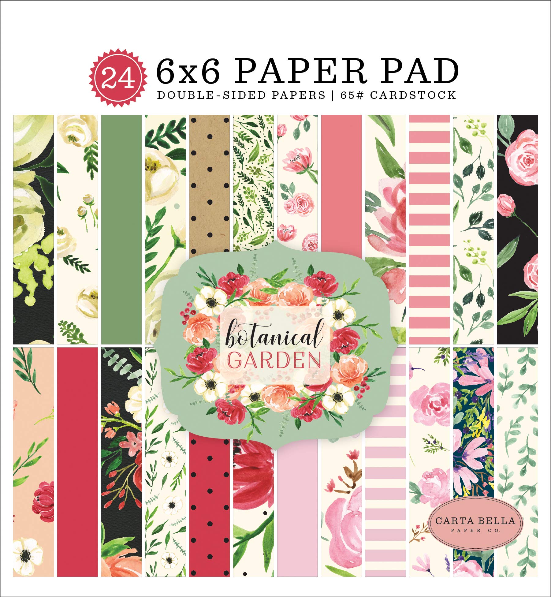 Botanical Garden 6x6 Paper Pad - Pink, Green, Black, Red, Cream for Scrapbooking & Card Making