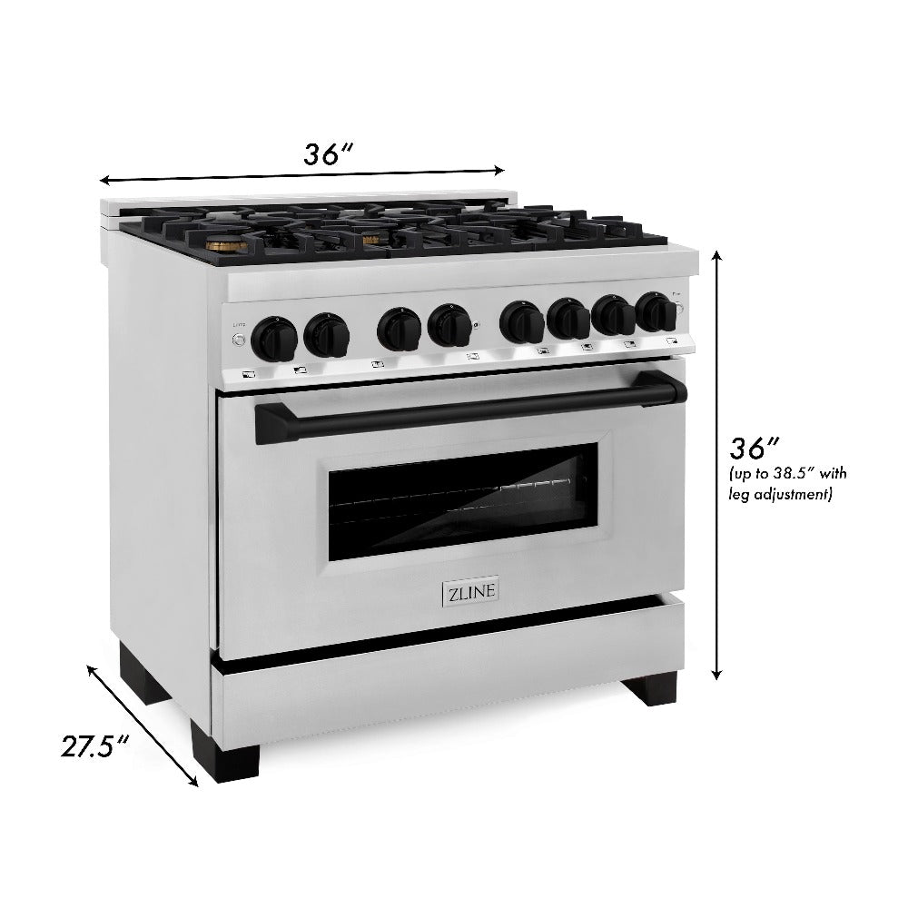ZLINE Autograph Edition 36-inch Stainless Steel Kitchen Package - Dual Fuel Range, Range Hood, Dishwasher & Refrigerator with External Water Dispenser - Matte Black Accents (4AKPR RARHDWM36 MB) | Premium Kitchen Appliances for Modern Homes & Professional Chefs