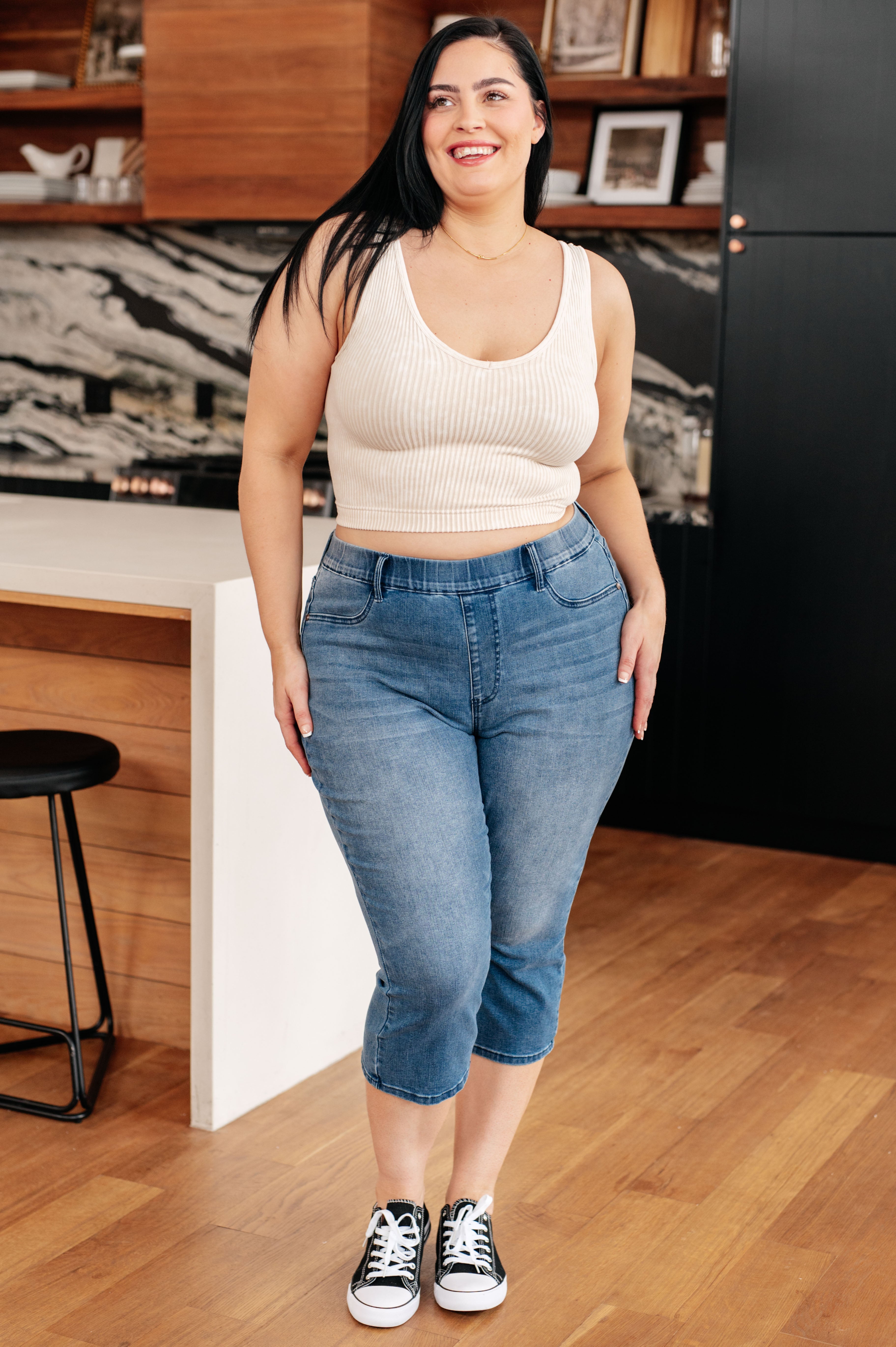 Emily High Rise Cool Denim Pull On Capri Jeans - Women's Stretchy Comfort Pants for Casual Wear & Summer Outfits