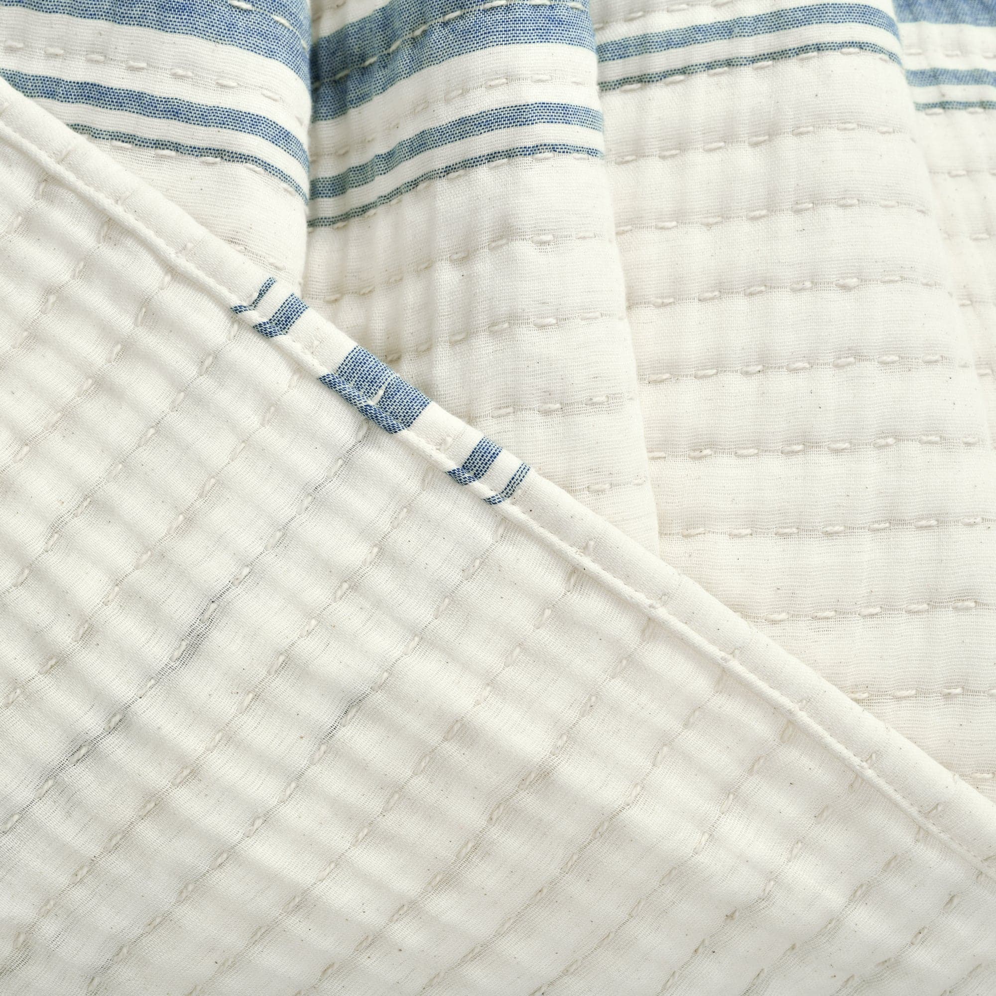 Farmhouse Stripe Kantha Pick Stitch Yarn Dyed Cotton Woven Blanket - Soft Handmade Throw Quilt & Bed Coverlet for Cozy Living Room, Bedroom Decor