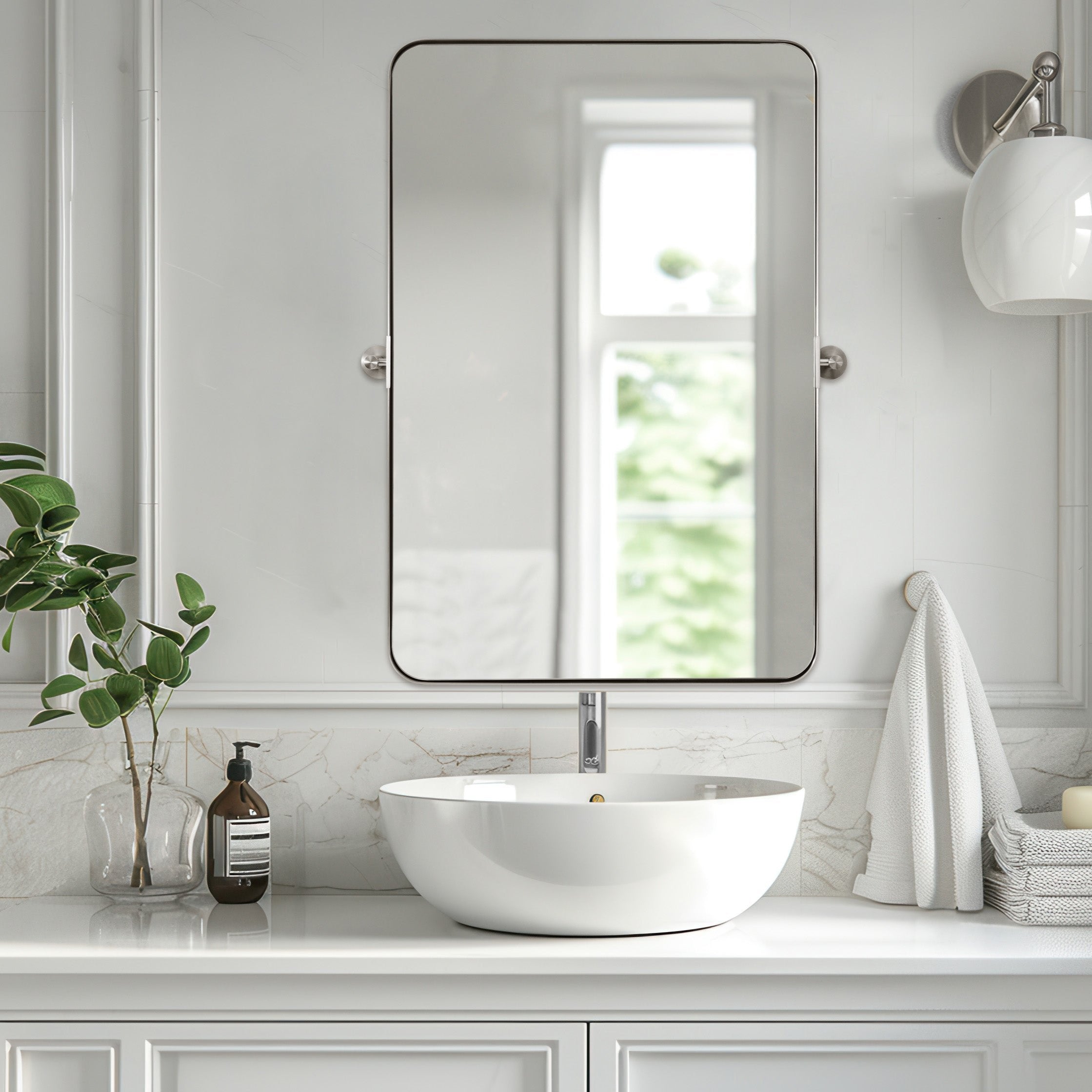 Tilting Rectangular Pivot Mirror for Bathroom & Vanity - Stainless Steel Frame | Space-Saving Wall Mounted Mirror for Makeup, Shaving & Home Decor