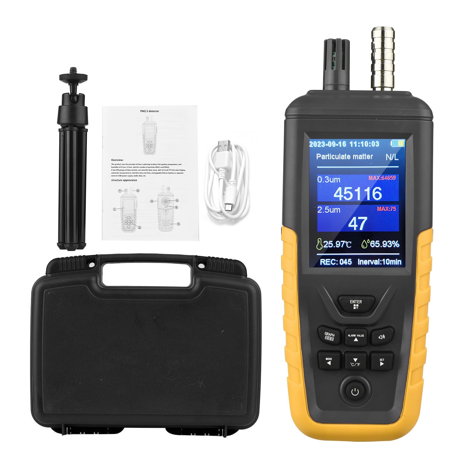 High Sensitivity Air Quality Monitor with PM0.3/2.5/10 Detection - 3-Channel Dust Particle Counter, Temperature & Humidity Sensor, USB Rechargeable for Home, Office & Travel Use