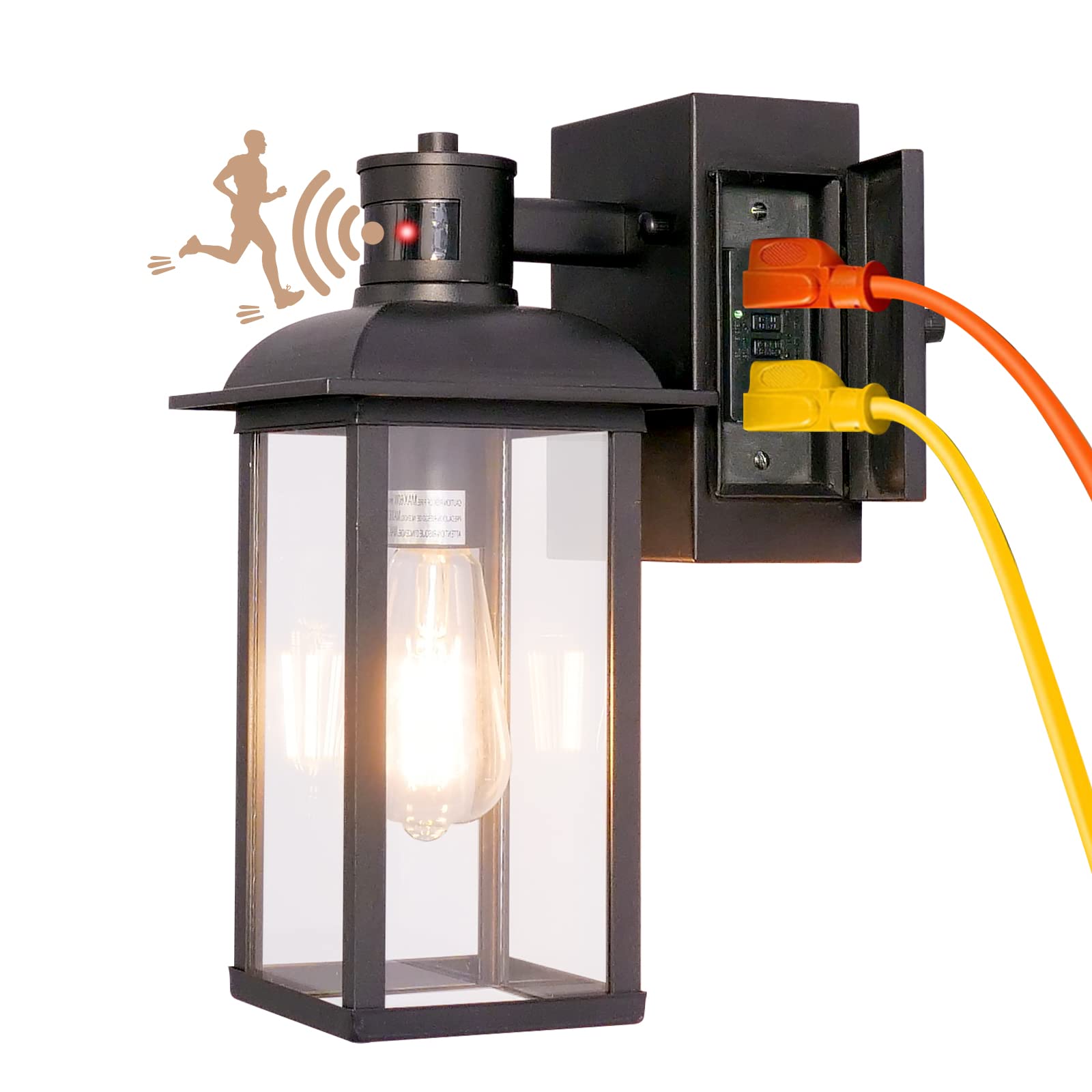 Auniory Motion Sensor Outdoor Wall Lights with 2 GFCI Outlets - Dusk to Dawn Waterproof Porch Light, Rust-Resistant Exterior Lantern for Front Door, Patio, Garage & Backyard Security Lighting