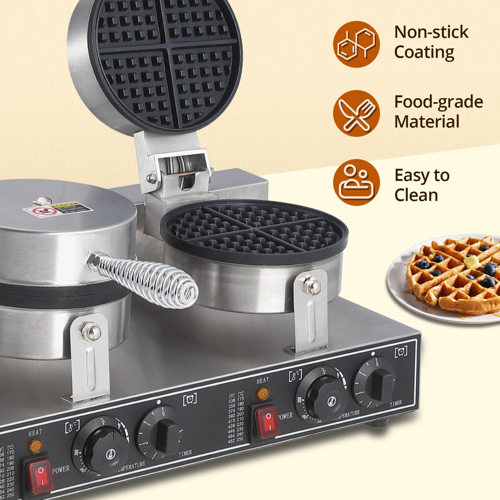 Professional Commercial Waffle Maker Machine - 2600W 110V Non-Stick Griddle with Adjustable Temperature & Timer Control - Perfect for Hotels, Restaurants, Cafes & Breakfast Catering