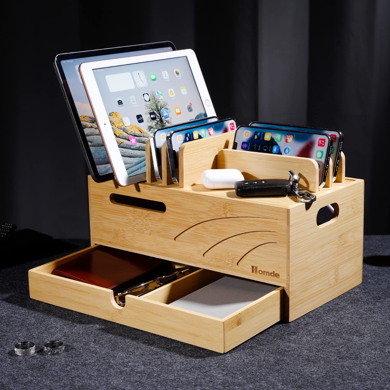 Premium Bamboo Charging Station Organizer - 6-Slot Multi-Device Cord Management Box for Phones, Tablets, Watches & Electronics | Natural Wood Desktop Charger Holder | Perfect for Home, Office & Travel Use
