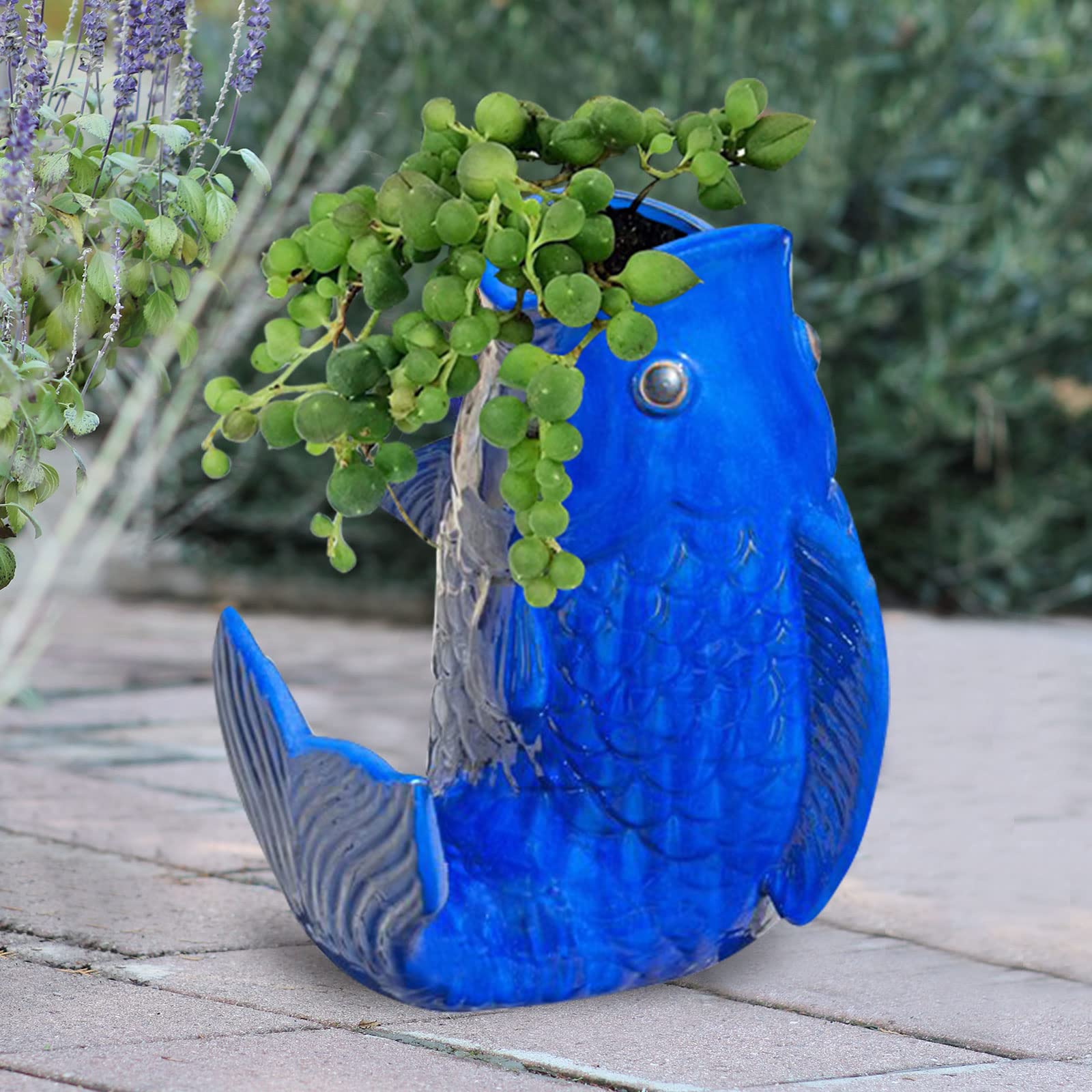Blue-Fish Large Ceramic Succulent Planter - 18inch Animal Shaped Cartoon Flower Pot with Drainage Hole for Indoor/Outdoor Plants | Decorative Garden Planter for Home, Office & Patio Decor