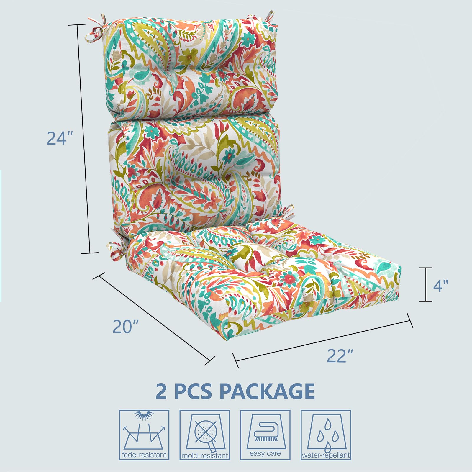 LVTXIII 2 Pack High Back Chair Cushions for Outdoor & Indoor Use - Deep Seat Patio Cushion Set with High Rebound Foam - 44”x22”x4” Paisley Design - Perfect for Rocking Chairs, Porch Swings & Garden Furniture