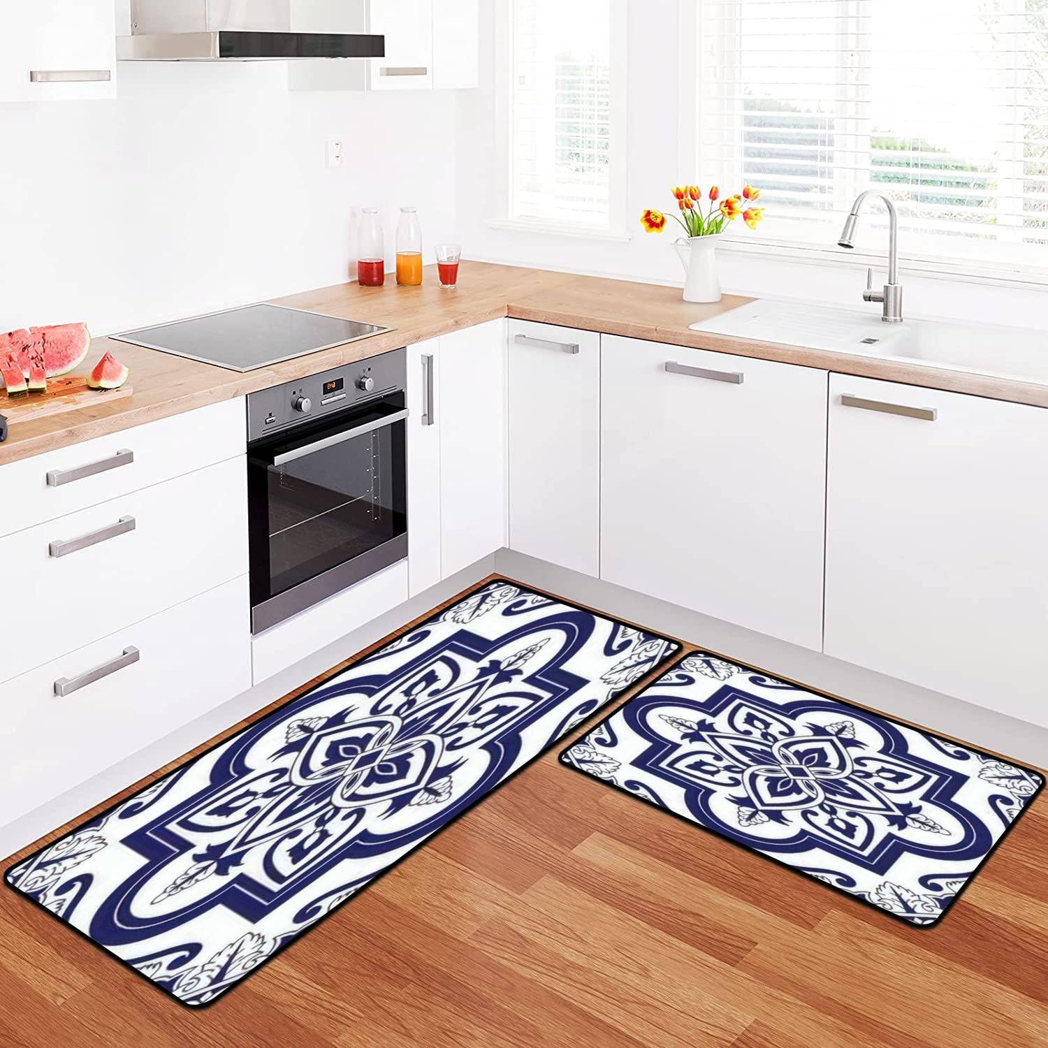 Delft Dutch Tile Kitchen Rugs Set - Non-Slip Washable Floor Mats for Kitchen & Bath Decor