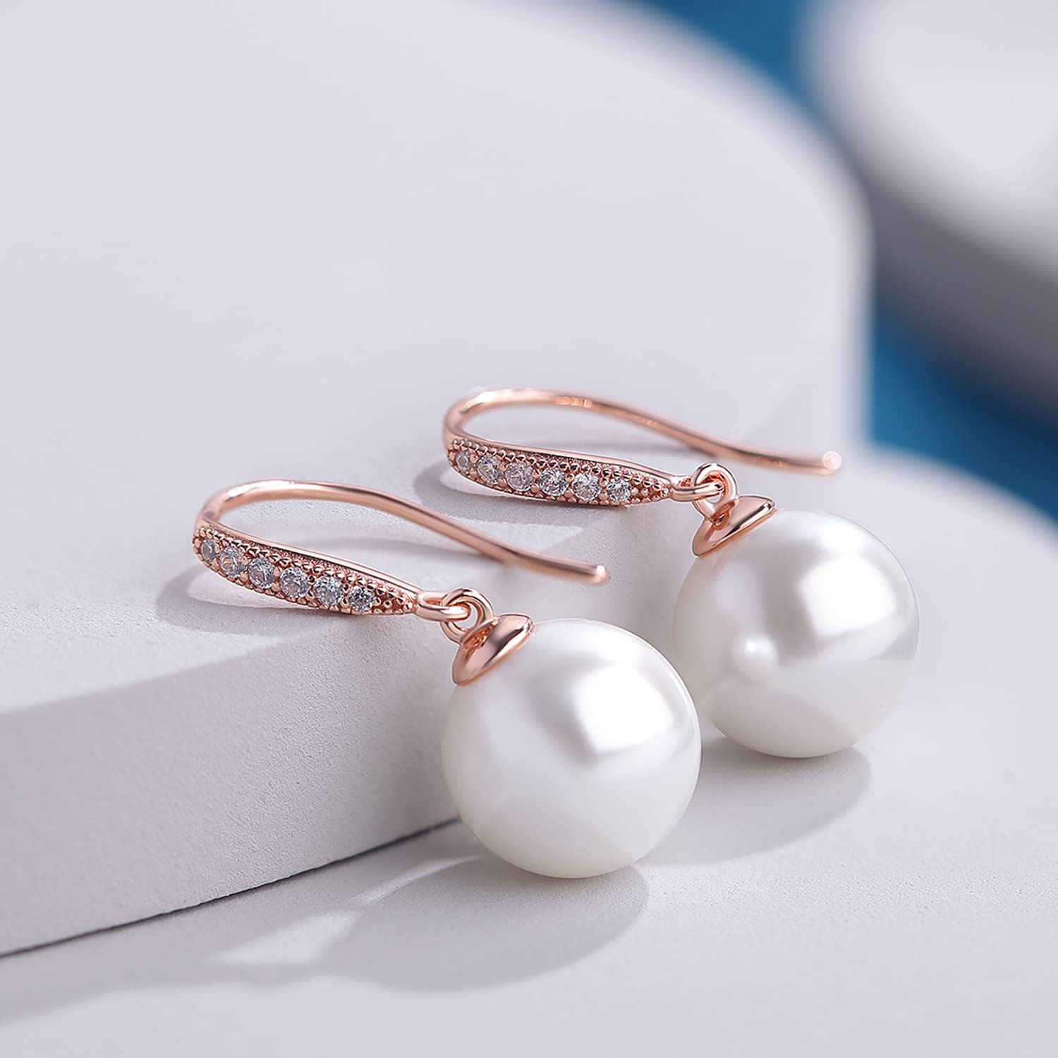 925 Sterling Silver Pearl Dangle Earrings for Women - 8MM-10MM Freshwater Pearl Drop Earrings with Diamond Accents | Elegant Jewelry Gift for Wedding, Party & Special Occasions