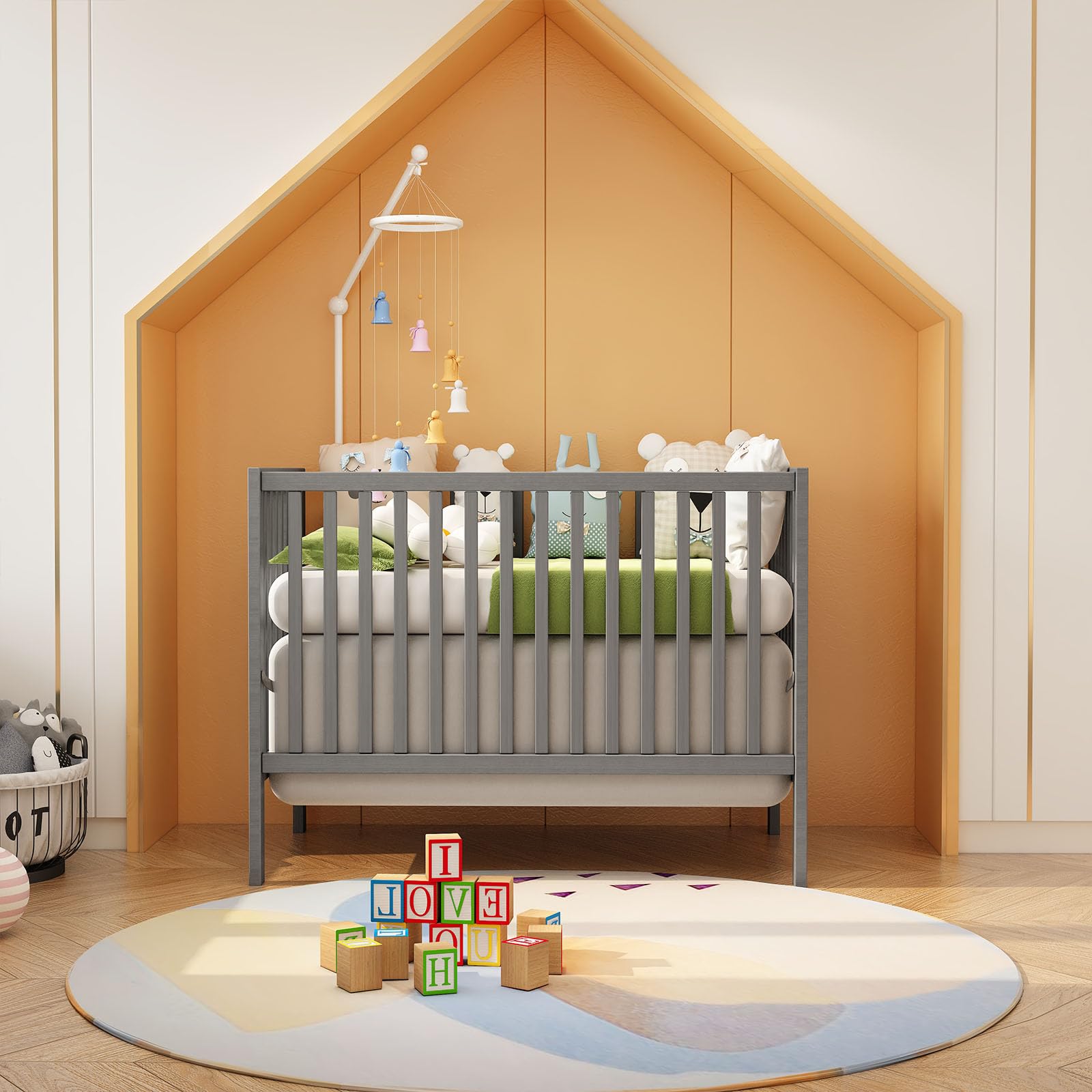 5-in-1 Convertible Baby Crib to Toddler Bed - Grey Nursery Furniture Set with Daybed & Full-Size Bed Frame Conversion (Mattress Not Included) | Perfect for Newborns, Infants & Growing Kids Bedroom Decor