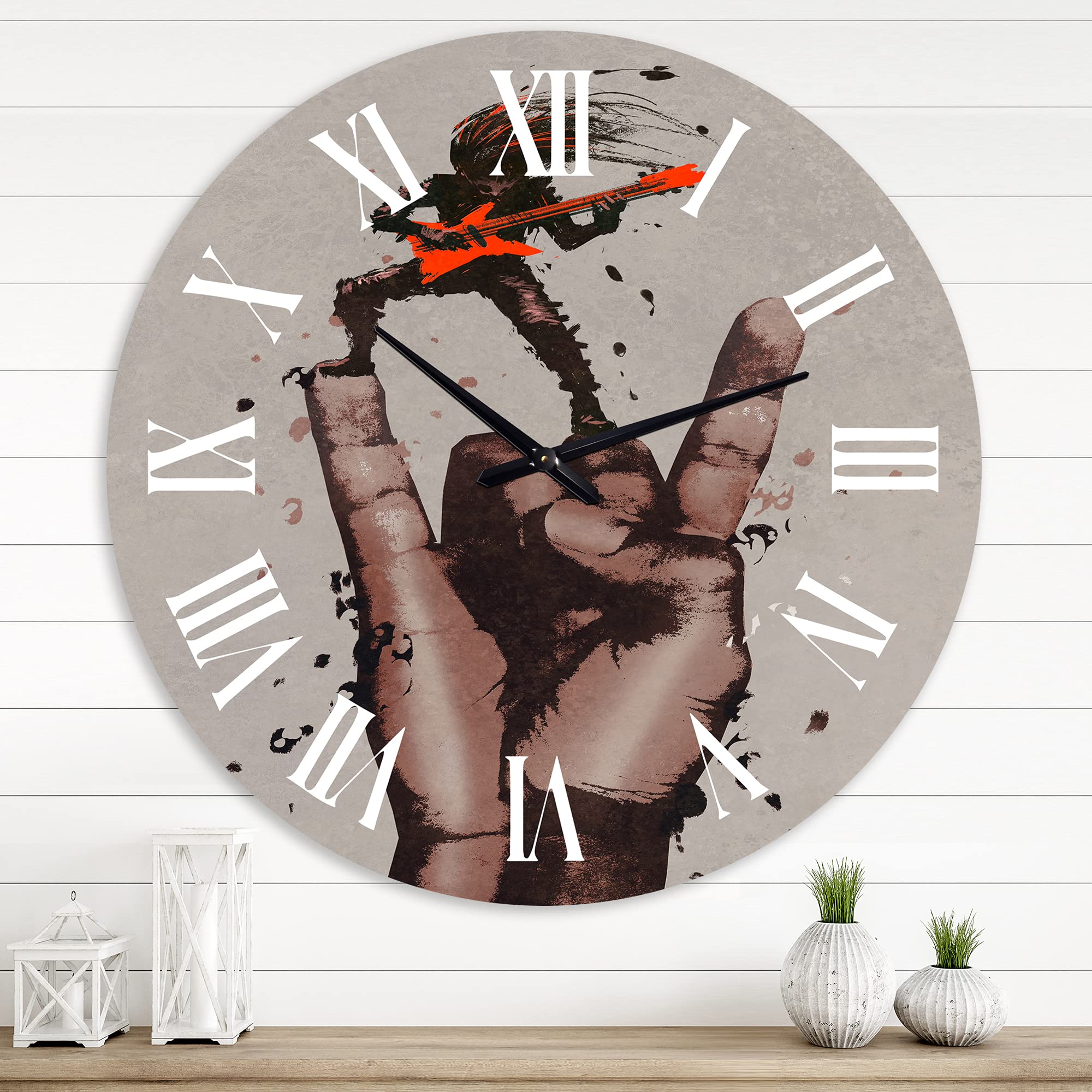 DesignQ Modern Rock and Roll Wall Clock with Guitarist - Large Fantasy & Sci-Fi Office Wall Decor for Home, Studio, and Music Room