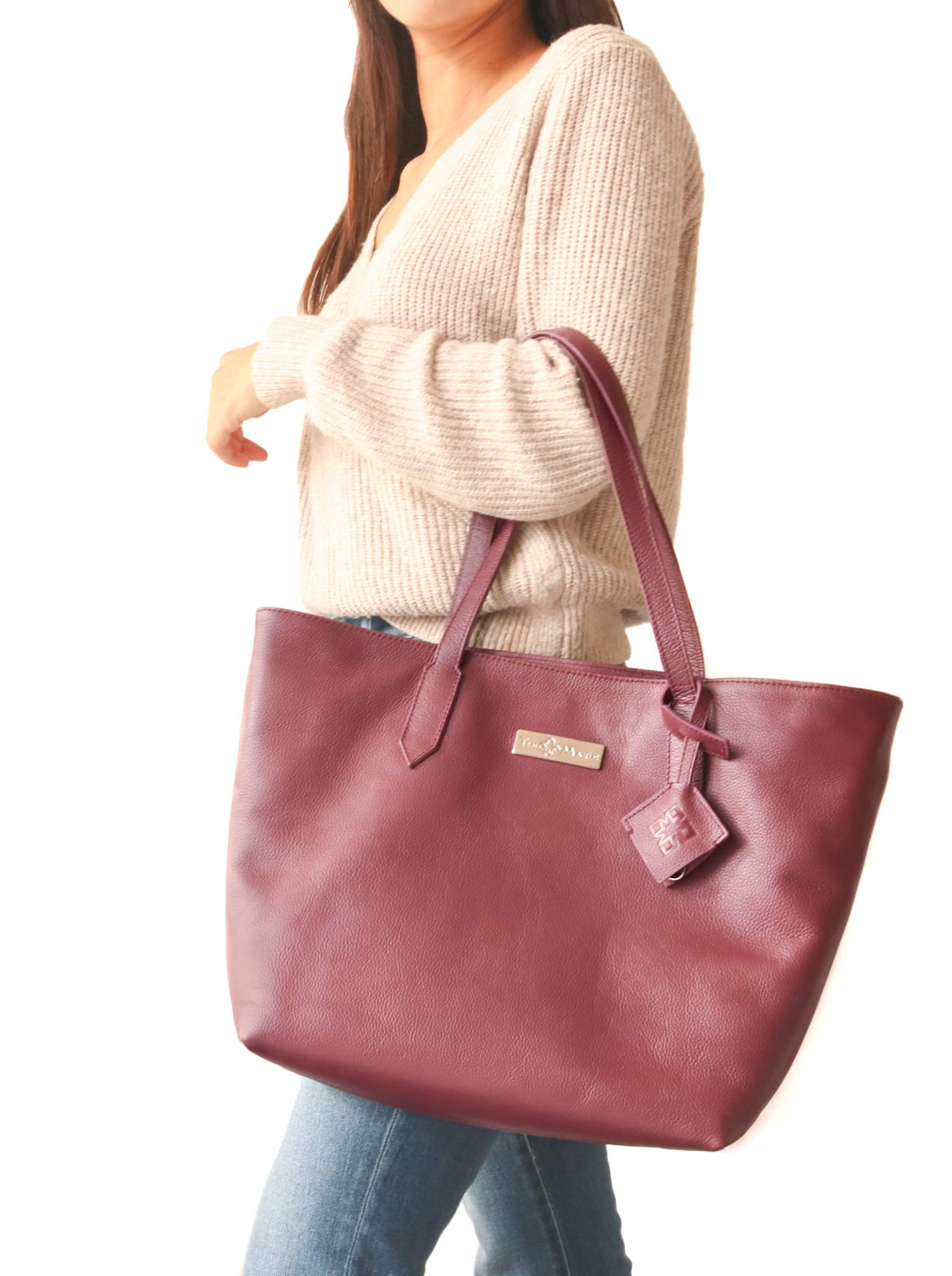 Premium Martina Leather Tote Bag - Burgundy Genuine Leather Laptop Bag for Women, Large Work Tote with Zipper Pockets & Exterior Phone Pocket | Handmade Professional Office Bag, Travel & Business Commute Essential
