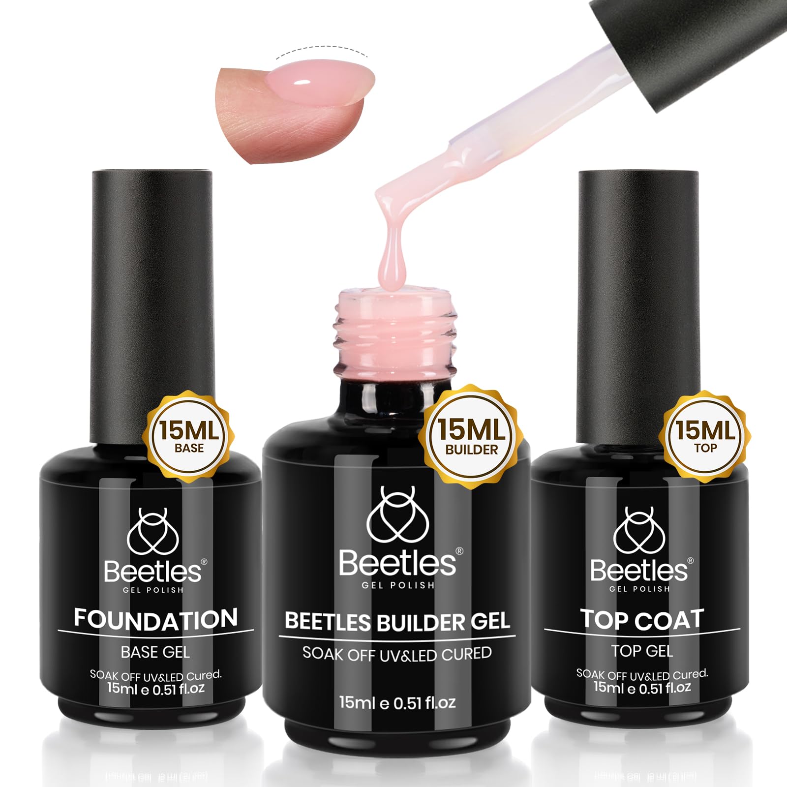 Beetles HEMA-Free Pink Builder Gel Kit - No Wipe Top Coat, Base Coat & Nail Strengthener for Long-Lasting Shine | Soak Off LED Gel for Nail Extensions, Thickening & Repair | Perfect for Salon Professionals & DIY Nail Art at Home