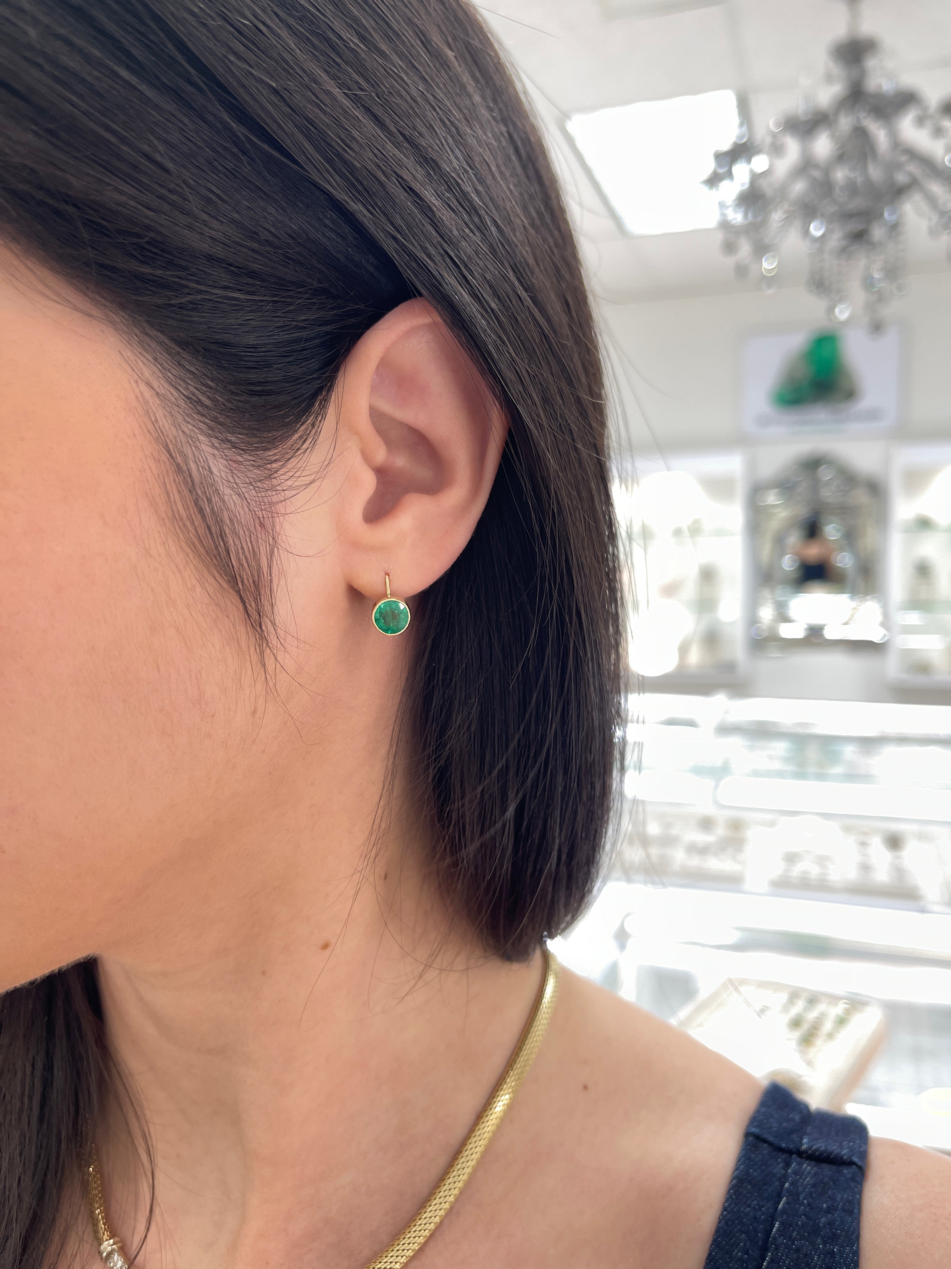 2.30tcw Round Emerald Bezel Leverback Earrings in 14K Gold - Elegant Dangle Earrings for Women, Perfect for Weddings, Parties & Special Occasions