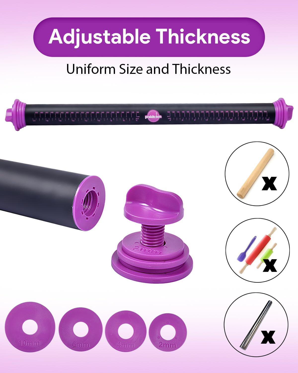 Adjustable Silicone Rolling Pin with Thickness Rings - 23.6 Inch Large Purple Dough Roller for Baking, Fondant, Cookies, Pasta & Pizza - Perfect for Home Kitchens & Professional Bakeries