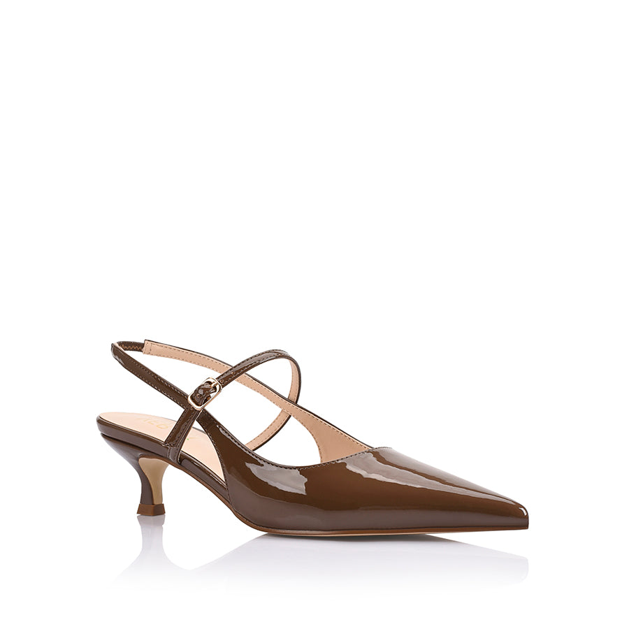 Luce Slingback Kitten Heels Women's Shoes - Cocoa Brown Patent Leather Low Heel Pumps for Work, Office & Special Occasions