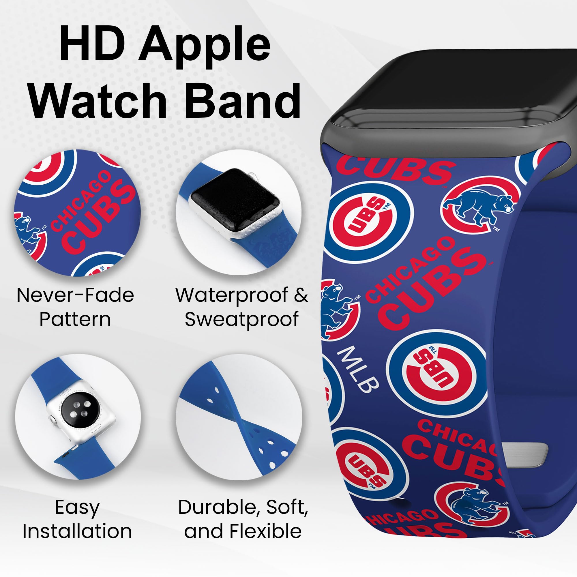 Chicago Cubs HD Watch Band for Apple Watch - Durable Silicone Sports Strap, Compatible with All Apple Watch Models (38mm/40mm/41mm/42mm/44mm/45mm) - Perfect for Baseball Fans, Game Day, Workouts & Everyday Wear