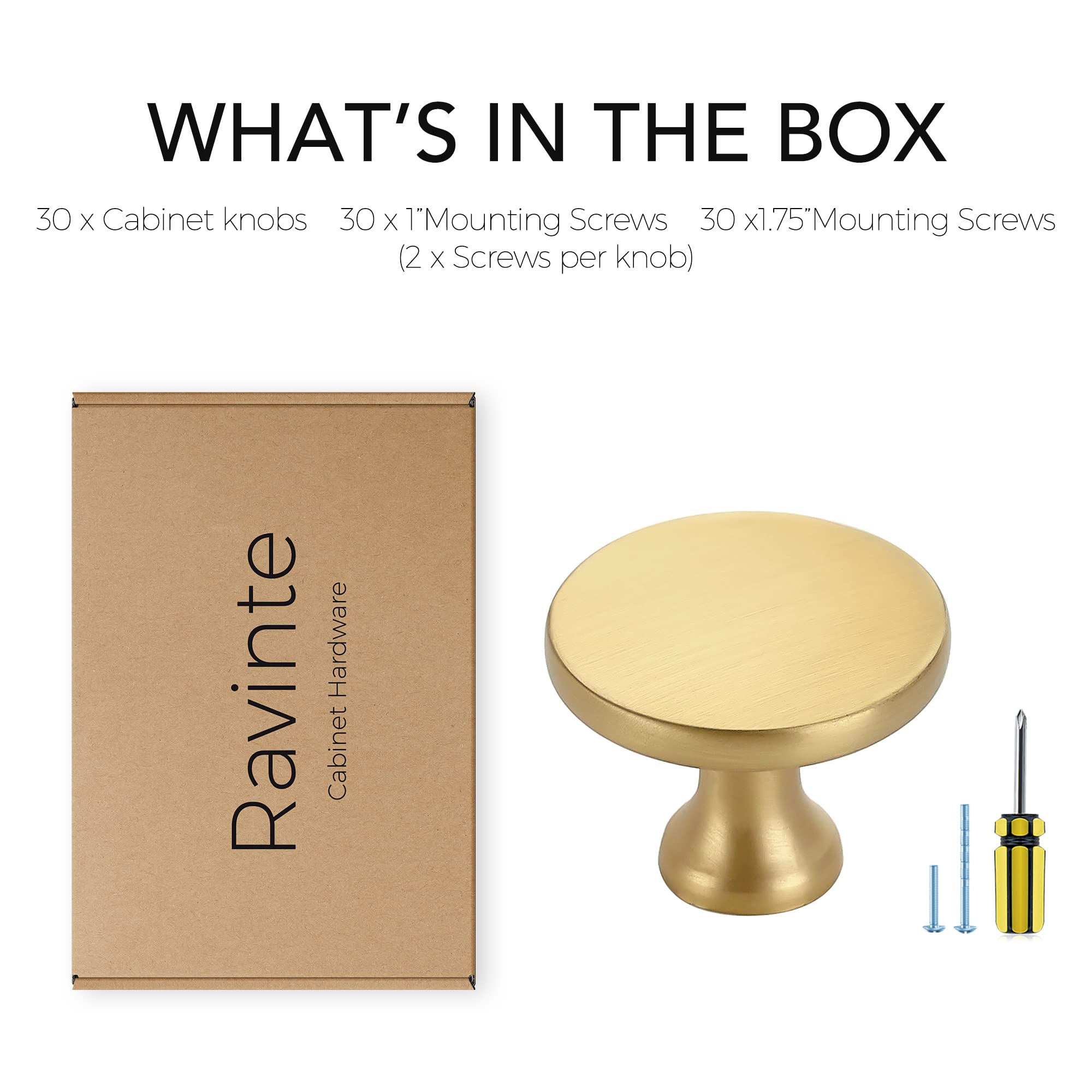 Ravinte 15 Pack Solid Metal Knobs - Gold Cabinet Hardware, Round Dresser & Drawer Knobs, Brushed Brass Kitchen Cabinet Pulls - Perfect for Home Decor, Furniture Upgrades & DIY Projects