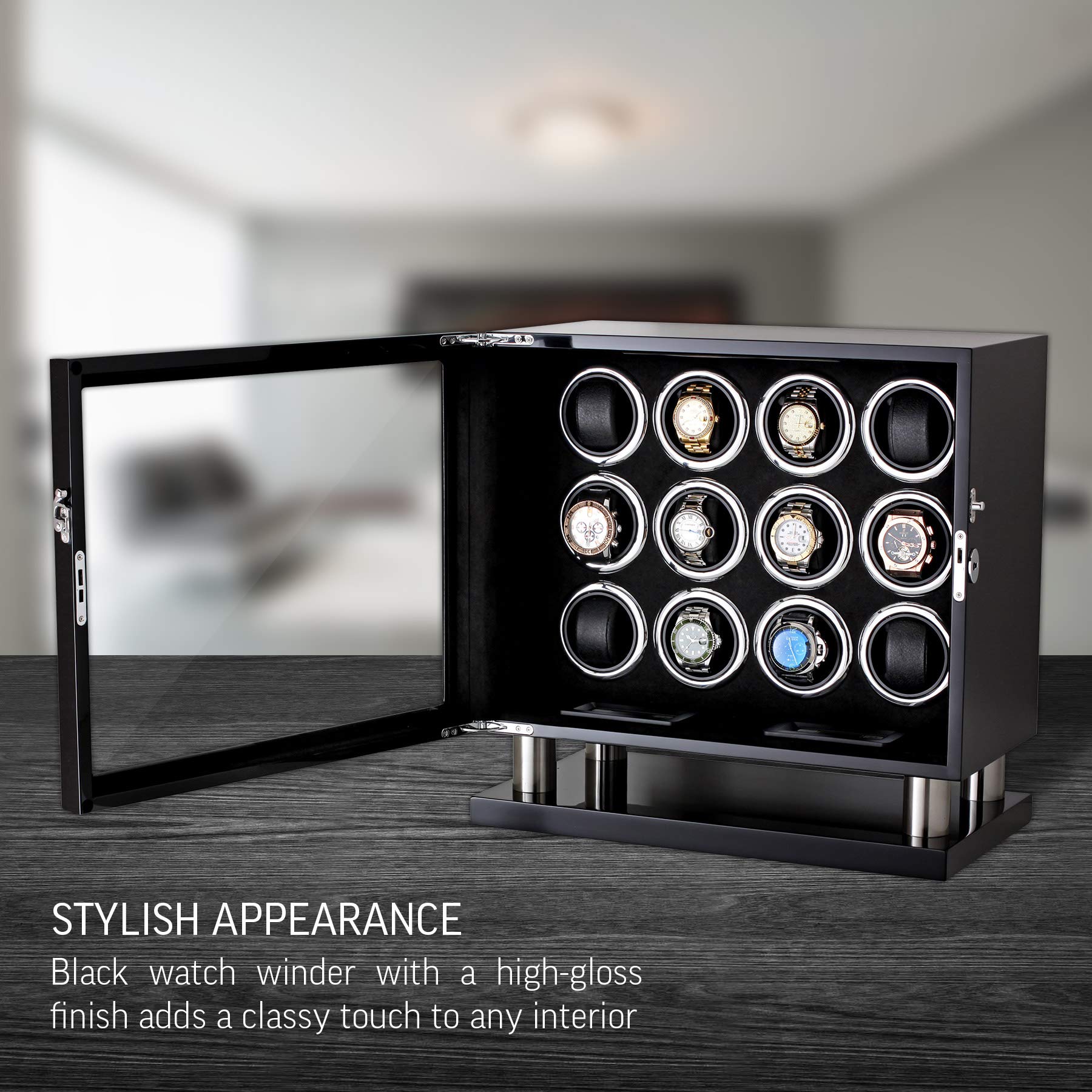 12 Watch Winder for Automatic Watches with LED Light & LCD Touchscreen - Quiet Motor, 6 Rotation Modes (Black) | Perfect for Watch Collectors, Luxury Timepiece Storage & Display