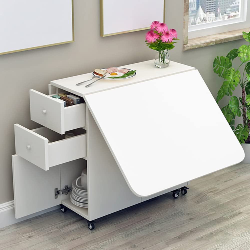 Modern Wood Pedestal Dining Table with Drop Leaf - Foldable Kitchen Table, White (55.1