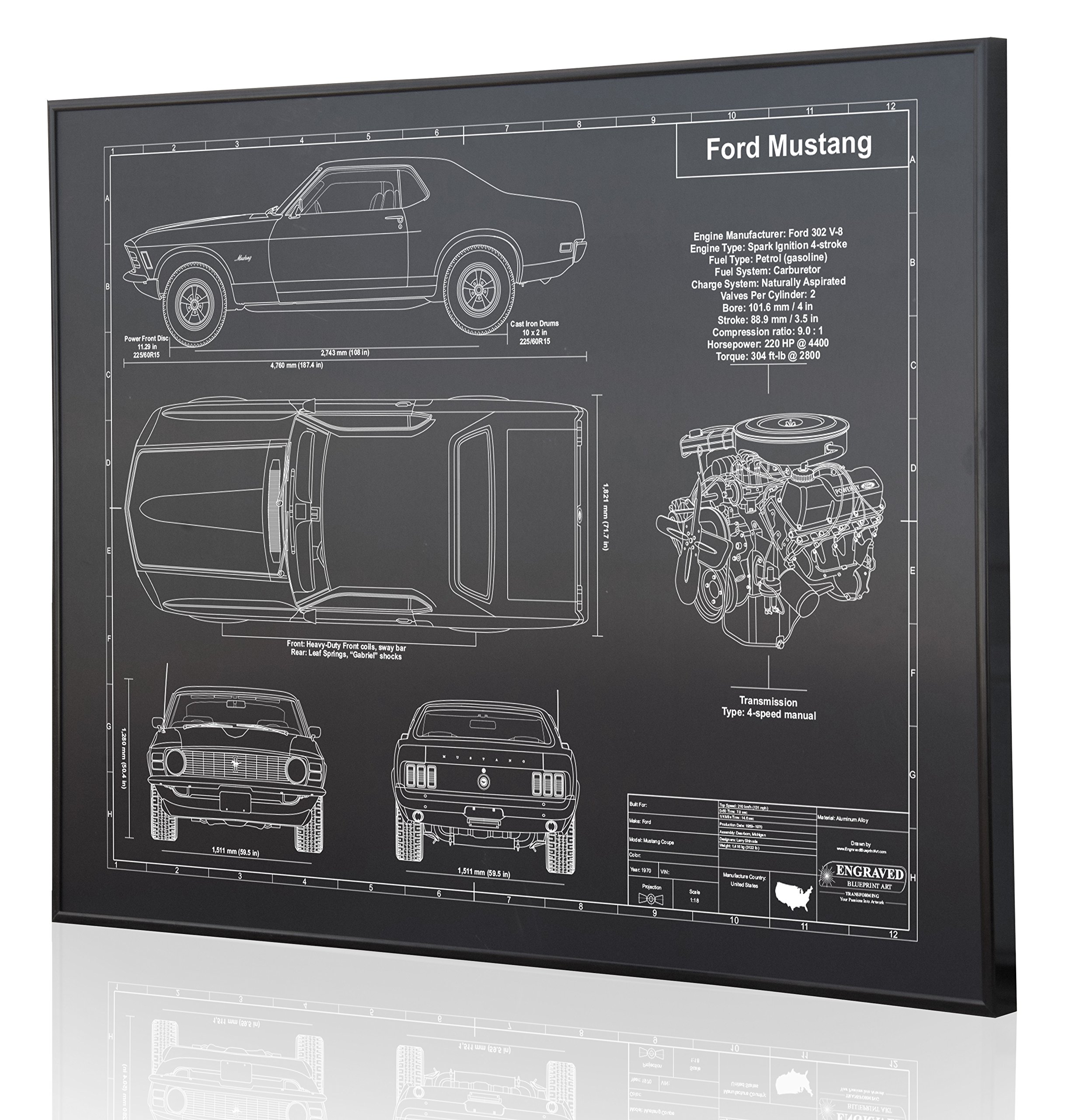 1970 Ford Mustang Blueprint Artwork - Laser Engraved & Personalized Gift for Ford Enthusiasts - Perfect for Home, Office Decor & Car Lover Presents