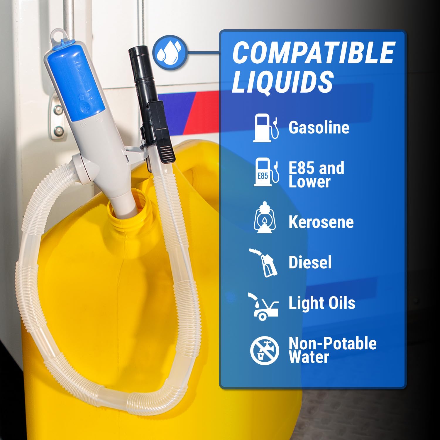 TERA PUMP TRHA03 Portable Battery Powered Transfer Pump for Water, Diesel, Gas - 9L/Min Flow Rate with Auto Stop & Leak Prevention System, Buzzer Alarm (2 AA Batteries Not Included) - Ideal for Draining Sinks, Tubs, Boats, RV Tanks and Emergency Fuel Transfer