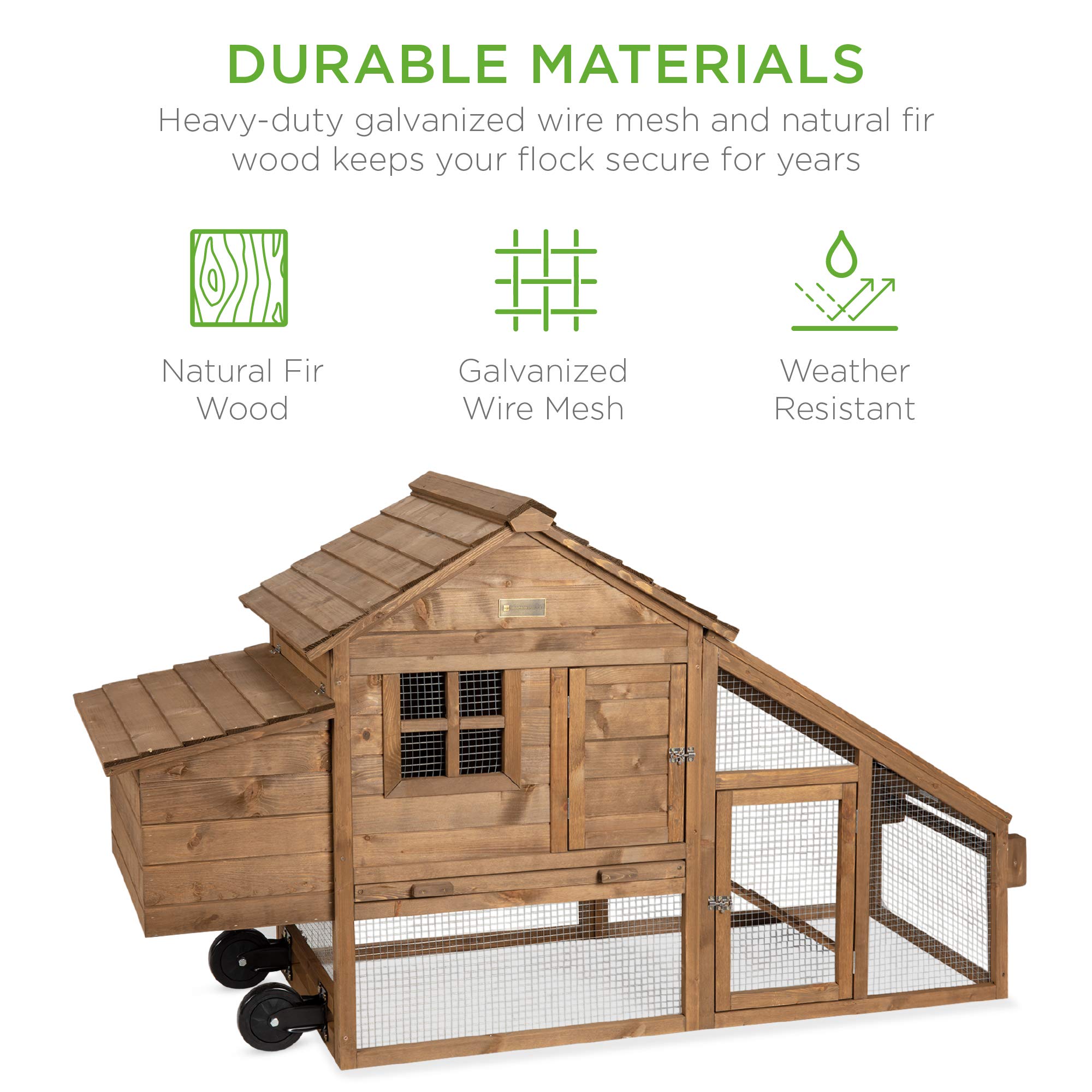 Best Choice Products 71in Mobile Fir Wood Chicken Coop Hen House Poultry Cage for 3-5 Hens - Outdoor Chicken Coop with Wheels, 2 Doors, Nest Box & Removable Tray - Durable UV Panel for Backyard Poultry Farming & Animal Care