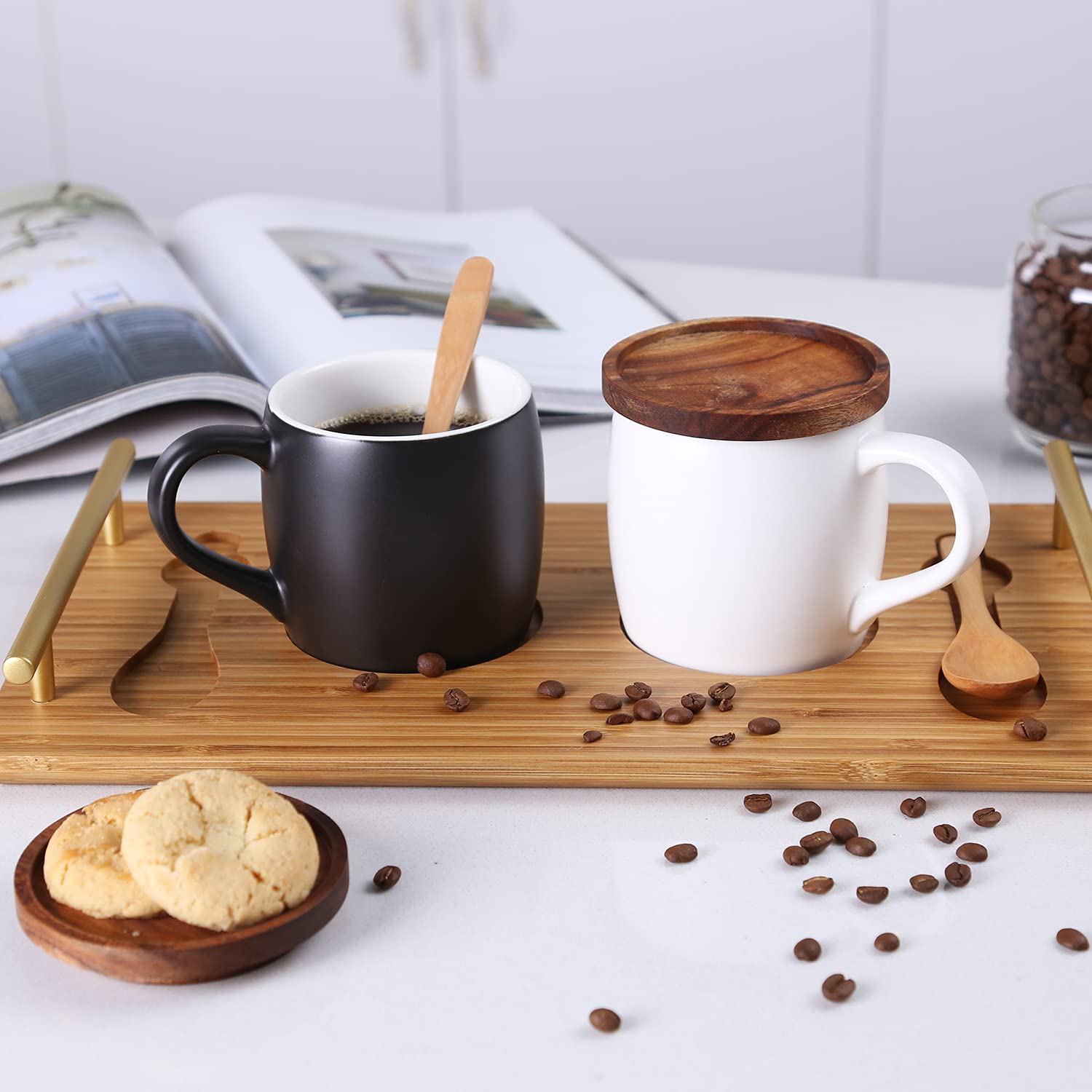 KKC HOME ACCENTS 13oz Ceramic Coffee Mug Set of 2 with Bamboo Tray & Spoons - Black & White Coffee Cups for Home, Office, Gift - Perfect for Coffee, Tea, Hot Chocolate & Breakfast Beverages
