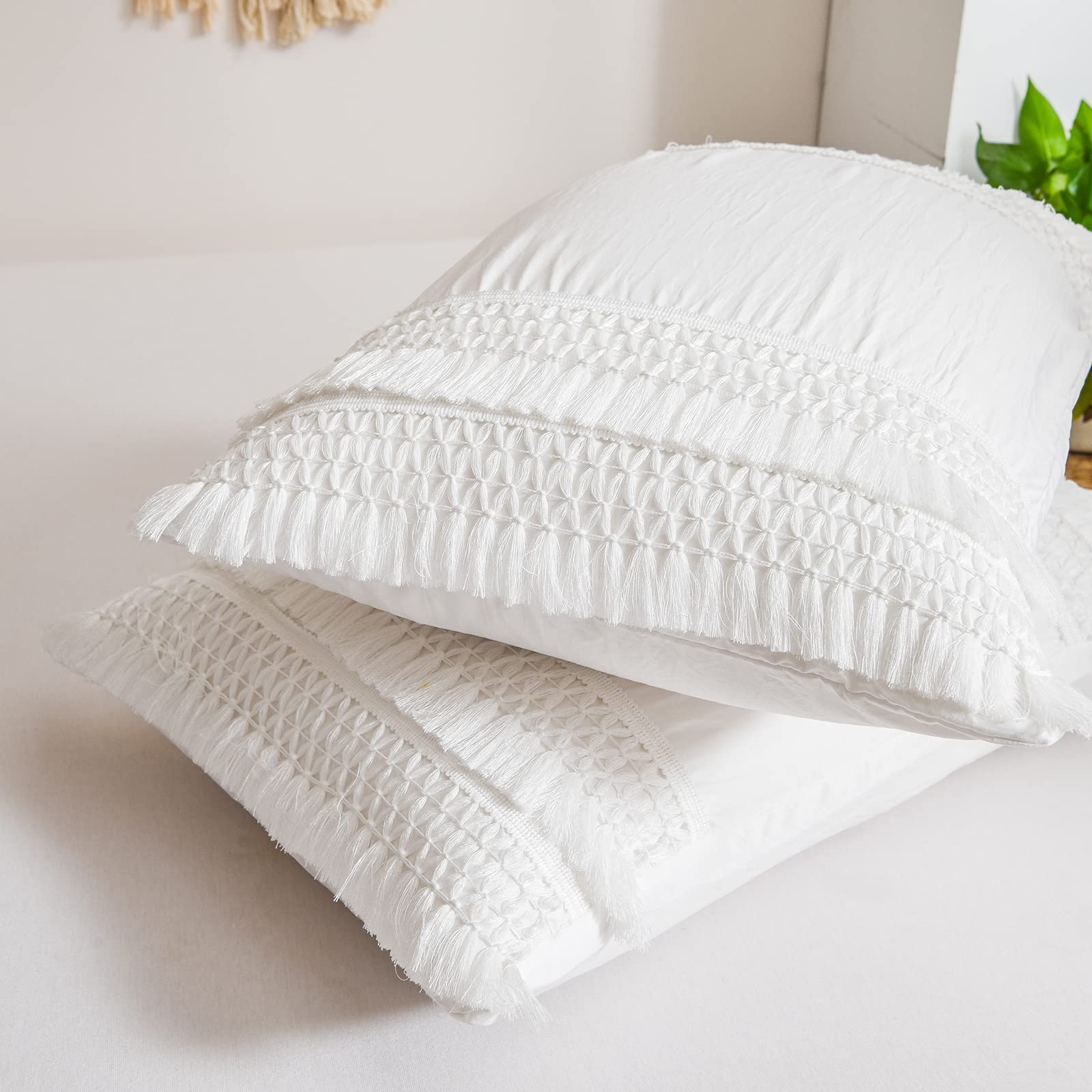 Premium King Size Pillow Cases Set of 2 - Soft Washed Microfiber Pillow Covers with Tassel Trim & Envelope Closure - White Boho Farmhouse Bedding for Master Bedroom, Guest Room & Home Decor