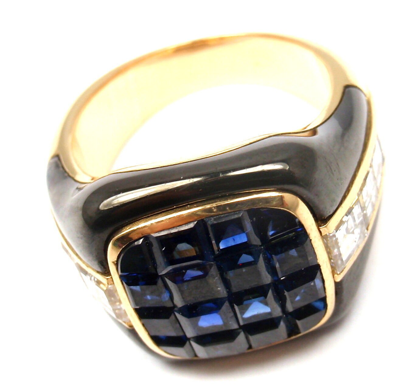 Authentic Piaget 18k Yellow Gold Diamond Invisible Set Sapphire Enamel Ring | Luxury Jewelry for Weddings, Anniversaries & Special Occasions