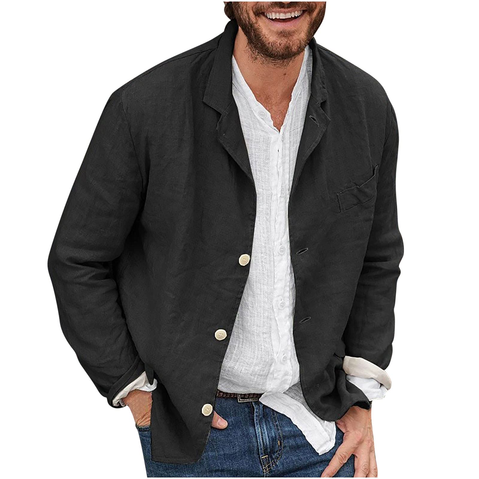Men's Linen Shirt - Breathable Cotton Casual Loose Fit Solid Color Button Down Shirt for Spring & Fall | Golf, Outdoor, Office & Everyday Wear